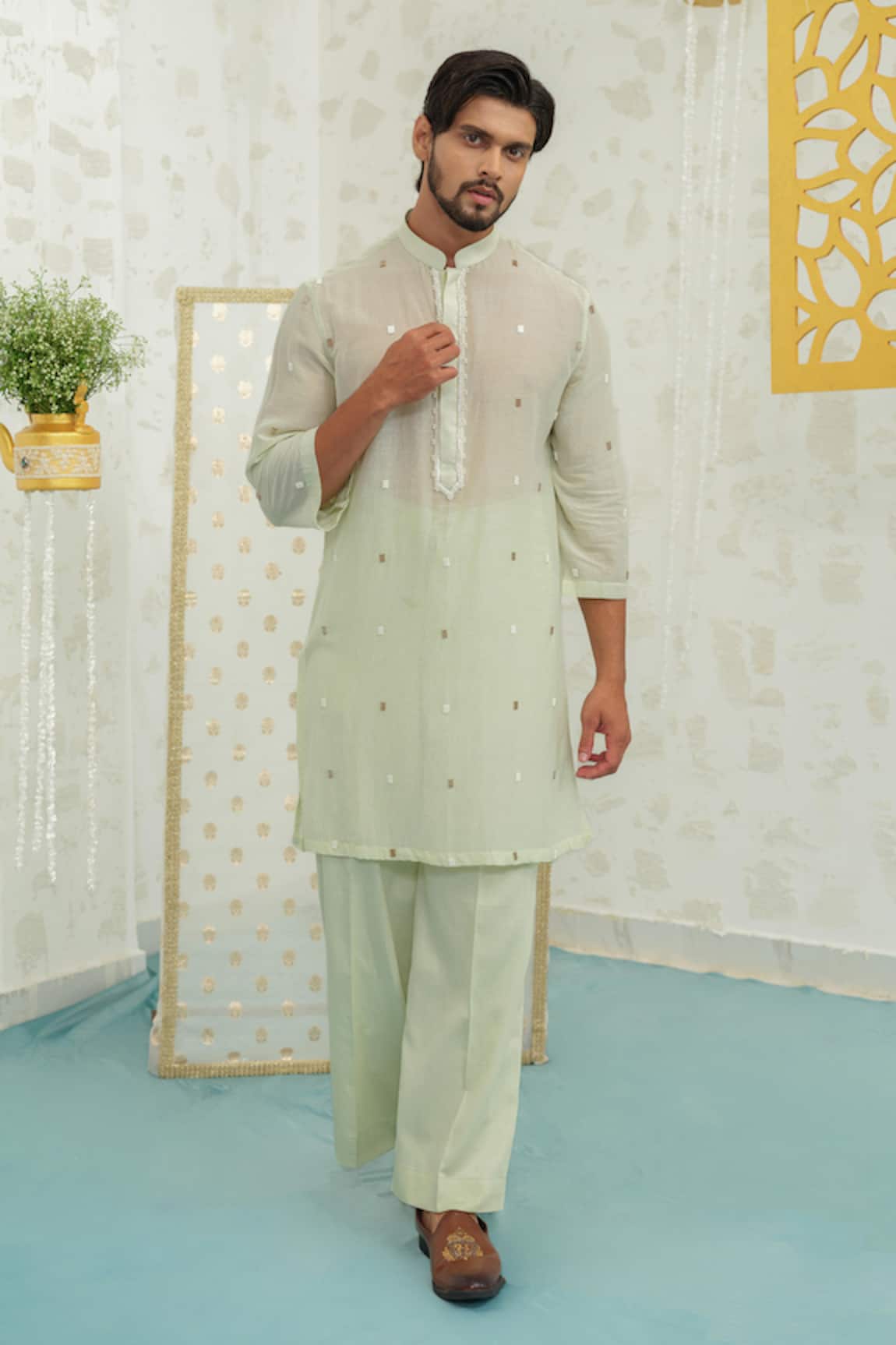 Runit Gupta Pista Embroidered Kurta Set