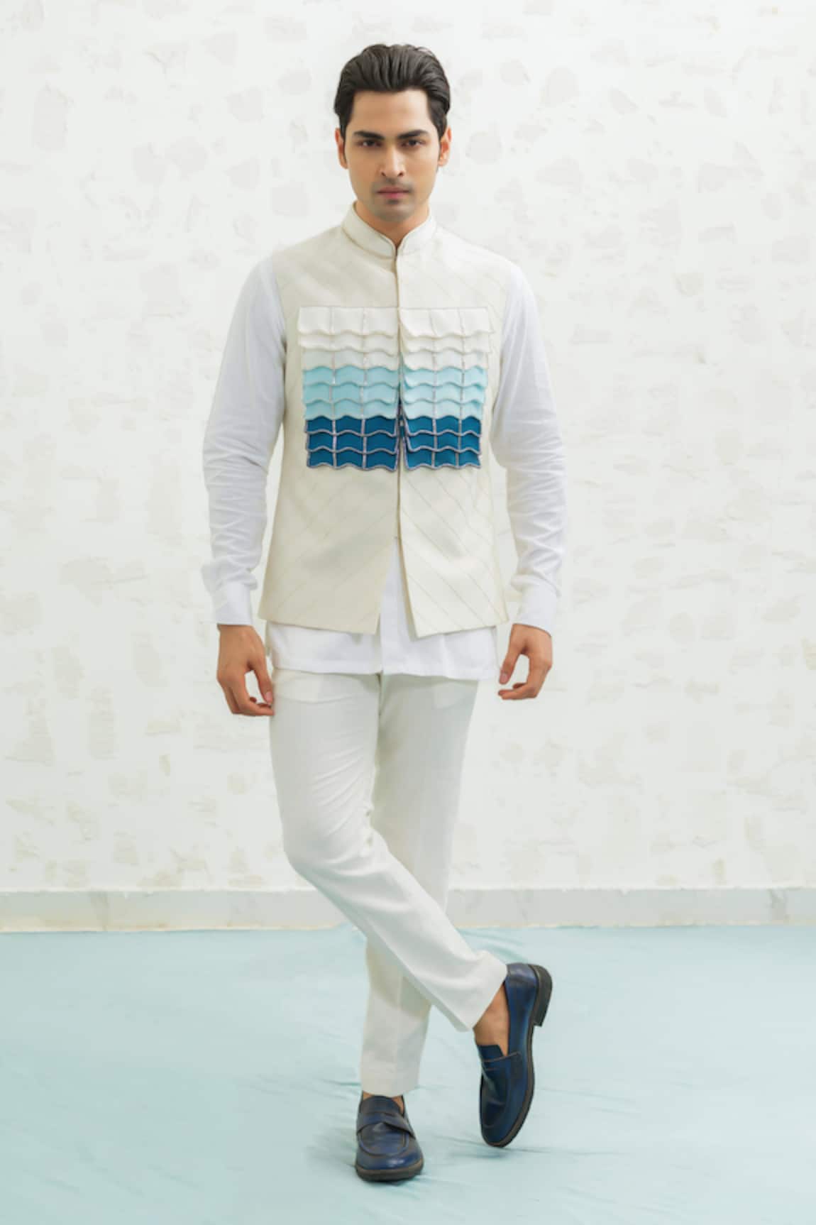 Runit Gupta Blue Ombre Flap Bundi Kurta Set