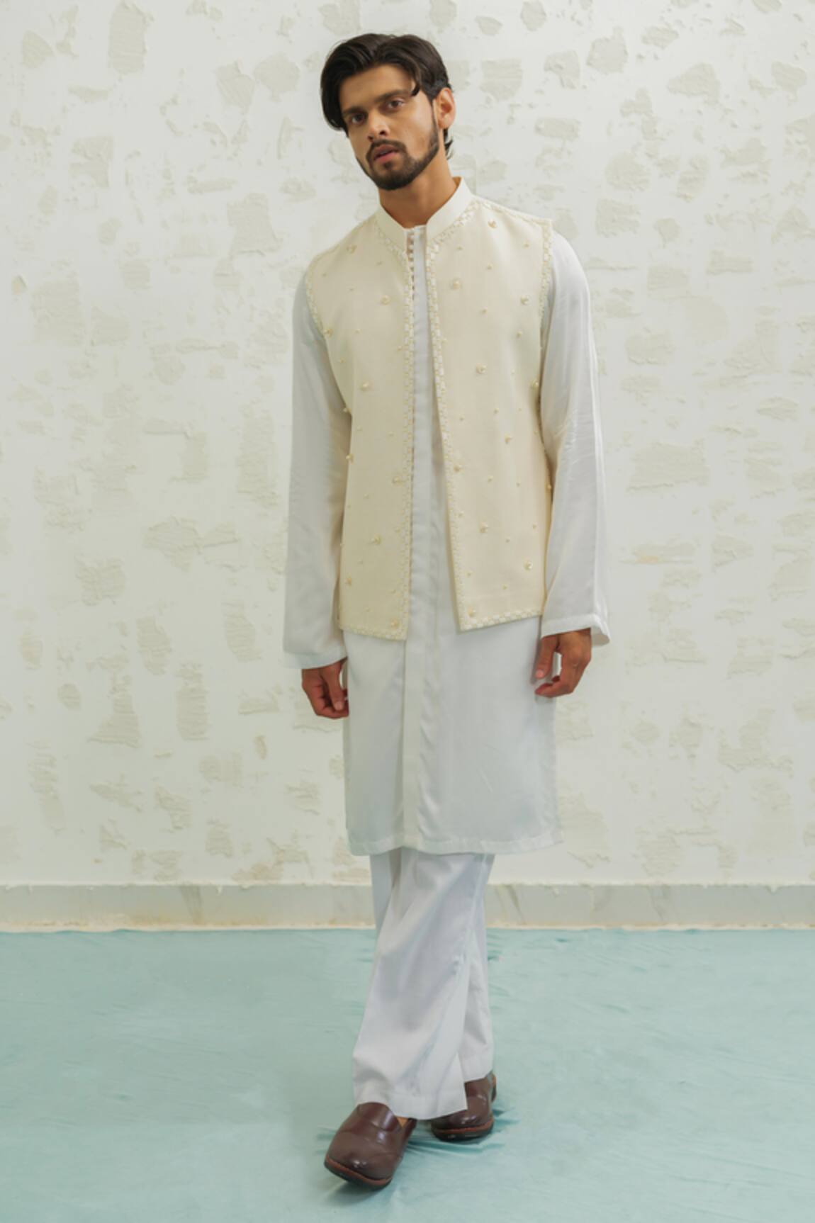 Runit Gupta Cream Embroidered Bundi Kurta Set