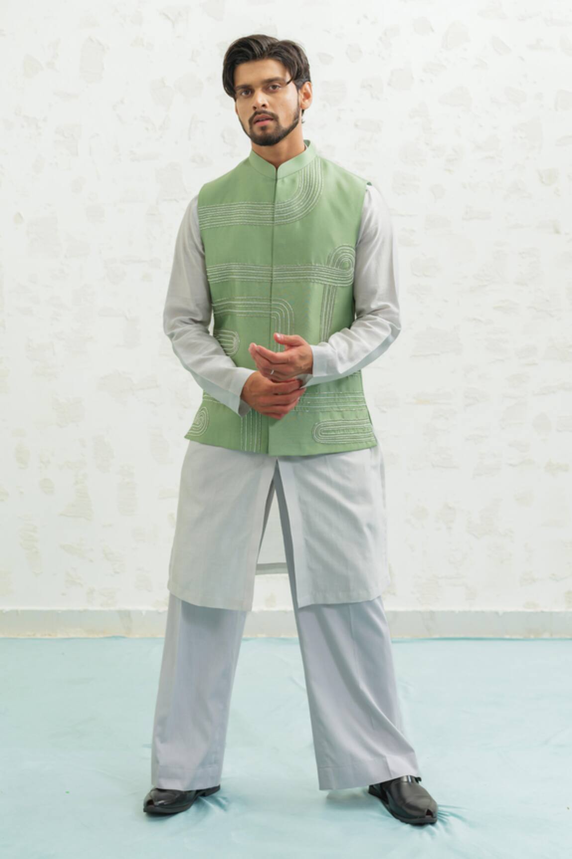 Runit Gupta Geomtry Seafoam Bundi Kurta Set
