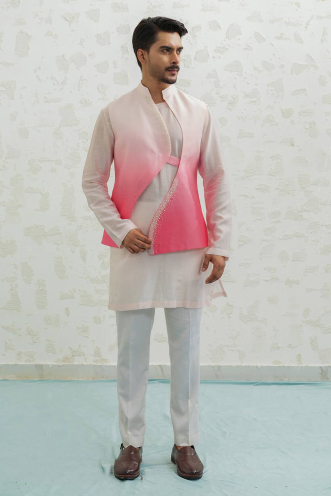 Runit Gupta Pink Ombre Wave Bundi Kurta Set 