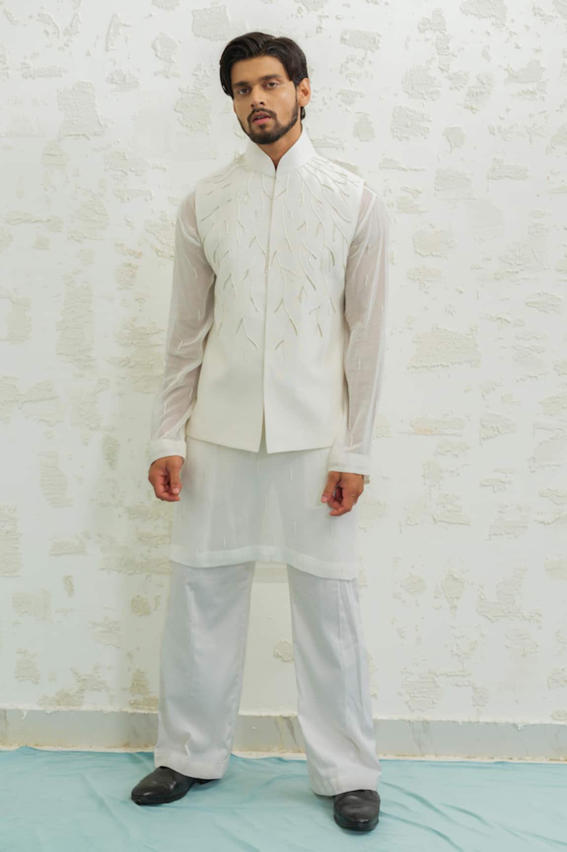 Runit Gupta Ivory Thunder Bundi Kurta Set 