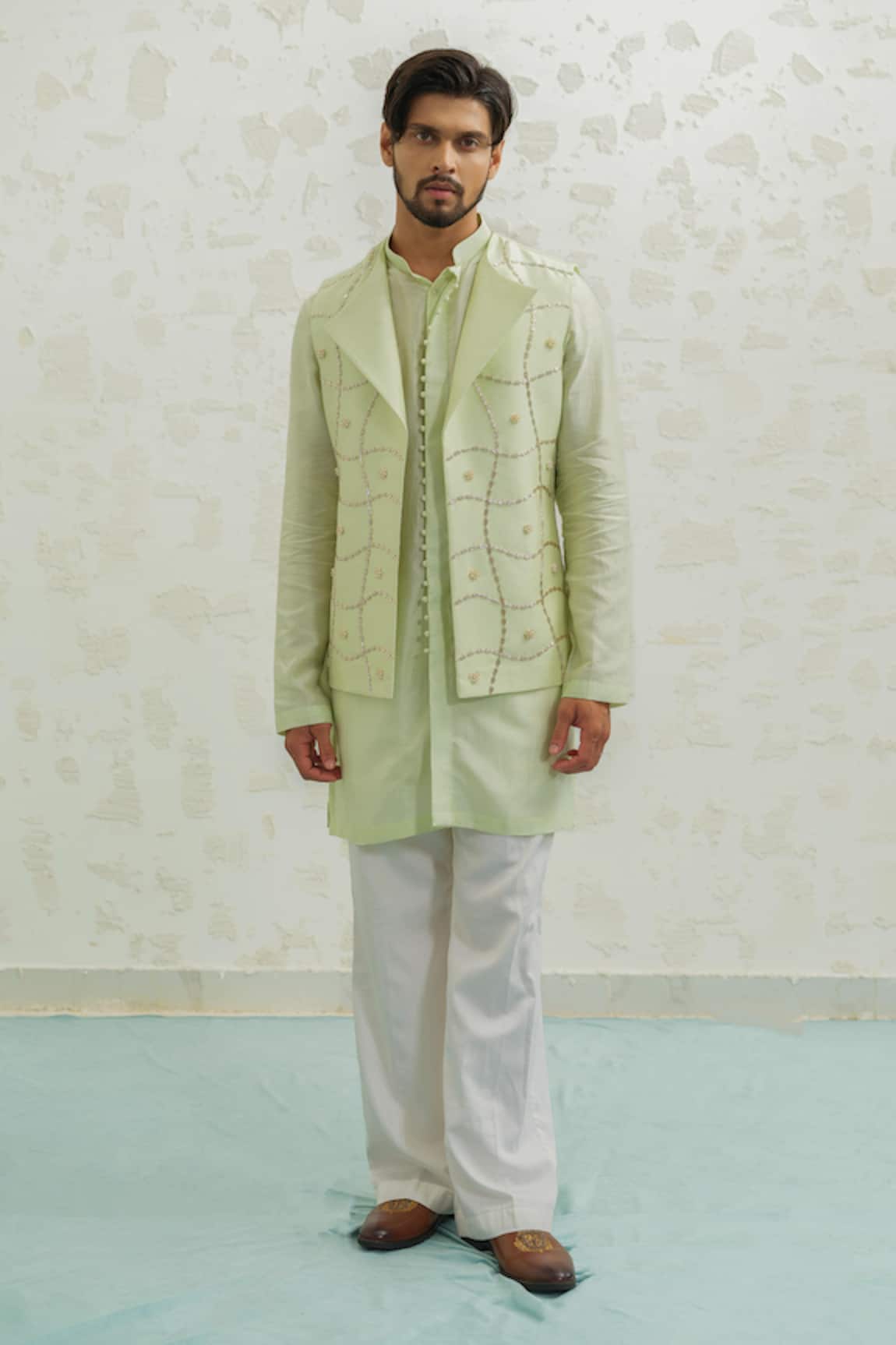 Runit Gupta Pista Duo Flap Bundi & Kurta Set 