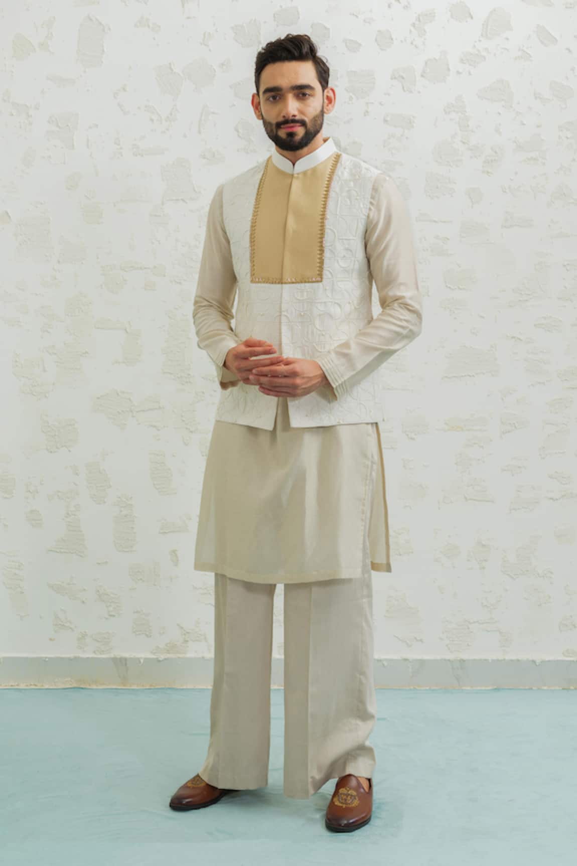 Runit Gupta Ochre Patch Semicircle Bundi & Kurta Set 