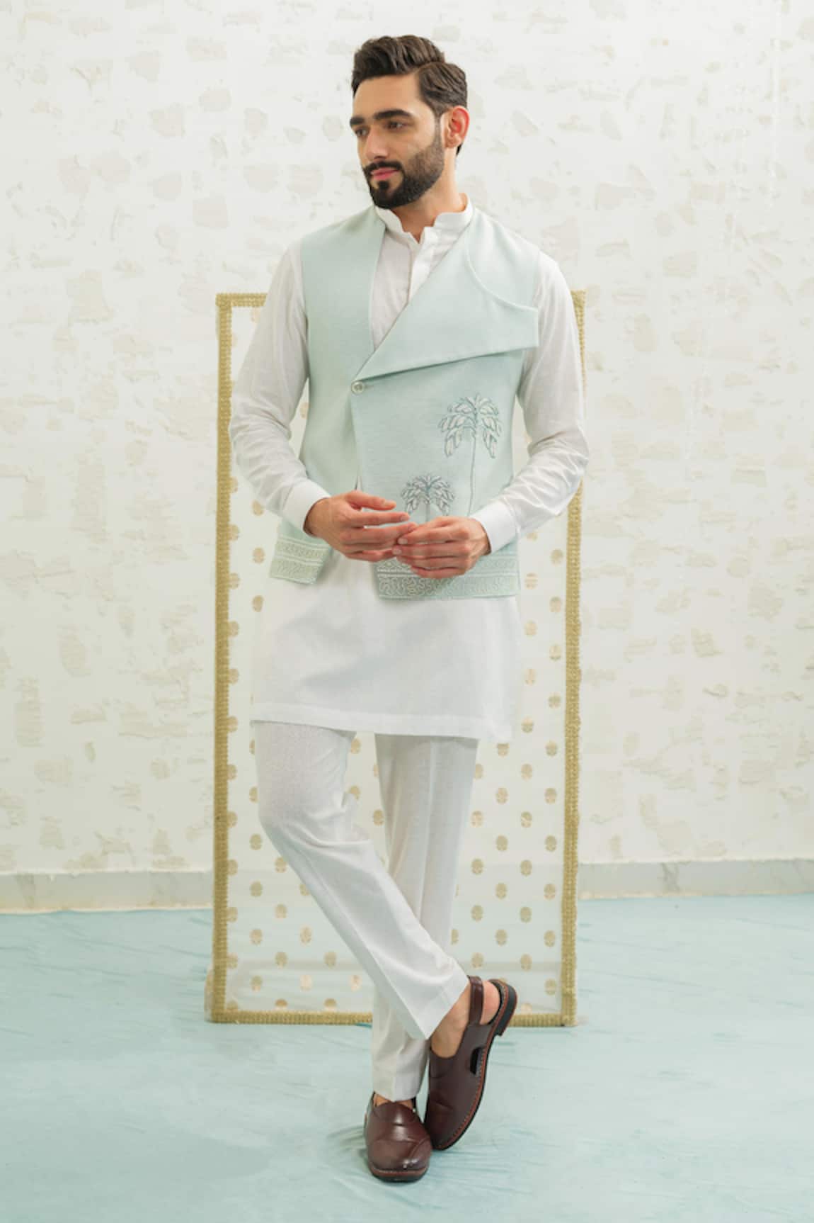 Runit Gupta Flap Palm Blue Bundi & Kurta Set 