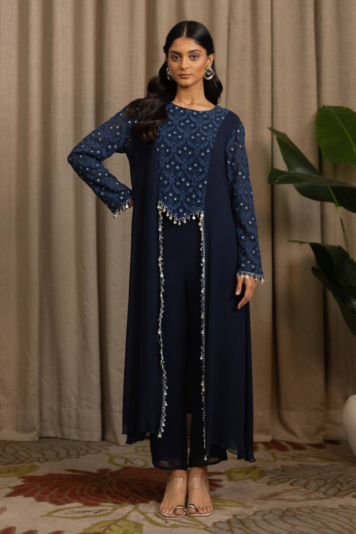 Vanshika Agarwal Label Lyana Embroidered Georgette Long Top & Pant Set 