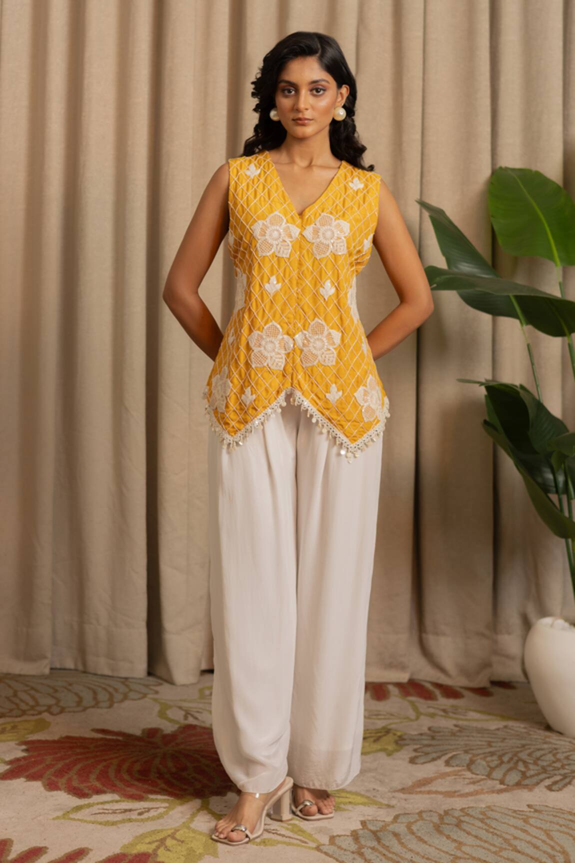 Vanshika Agarwal Label Bloom V Neck Floral Embroidered Top & Pant Set 