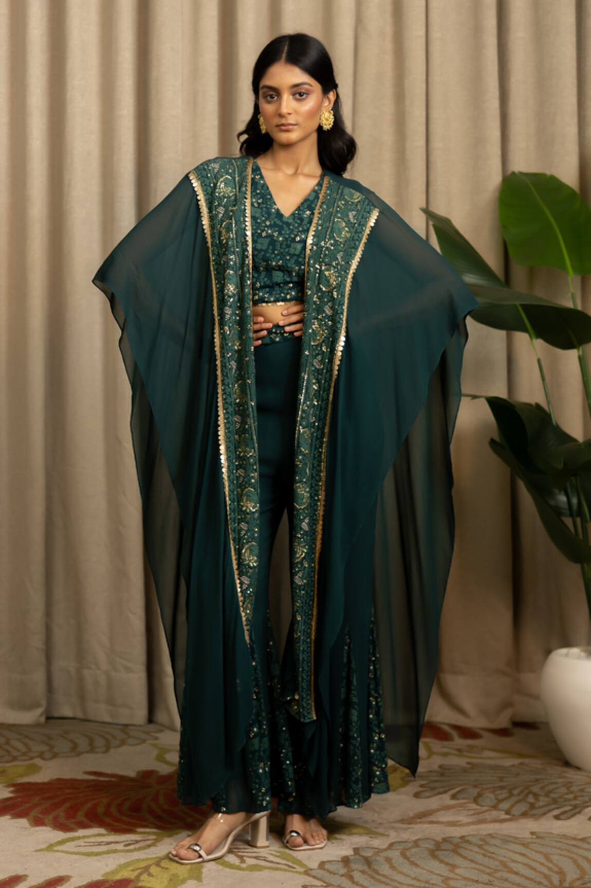 Vanshika Agarwal Label Reva Embroidered Top, Pant & Kaftan Jacket Set 
