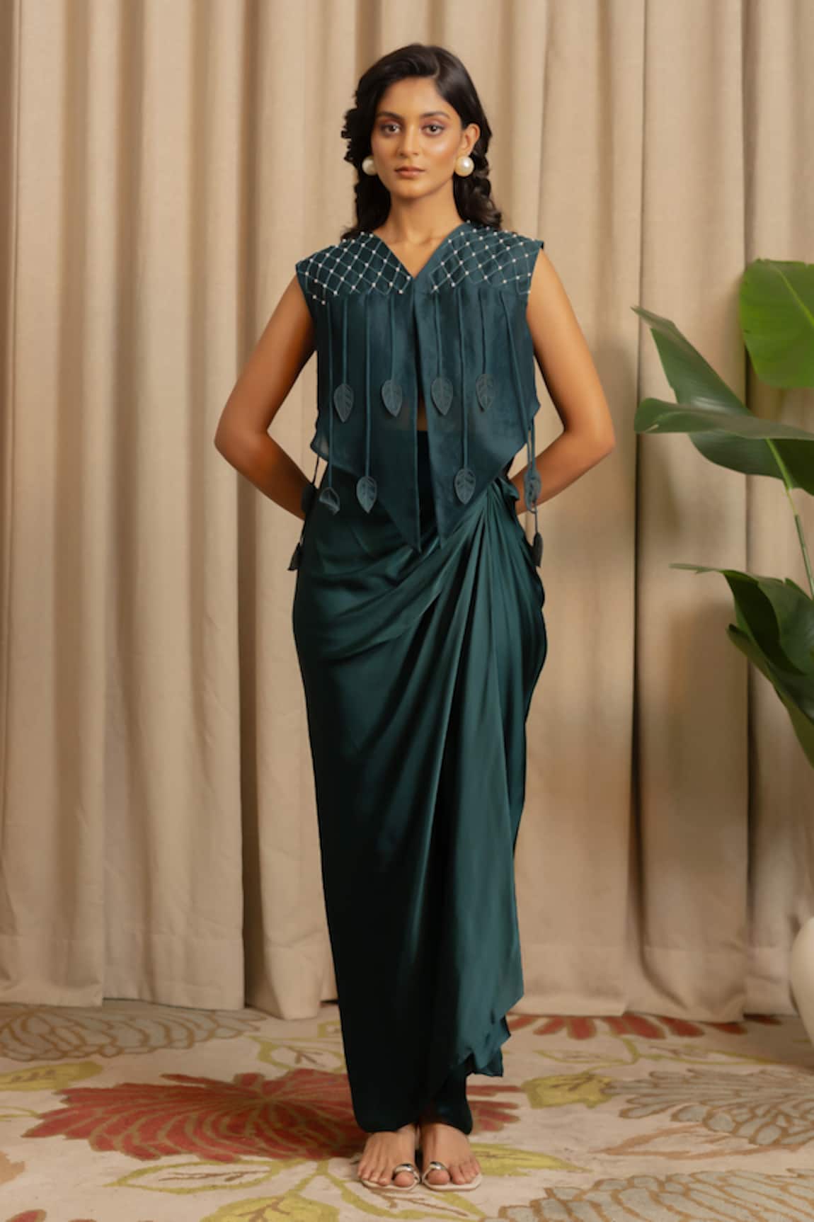 Vanshika Agarwal Label Noa Embroidered Overlay Top & Draped Skirt Set 