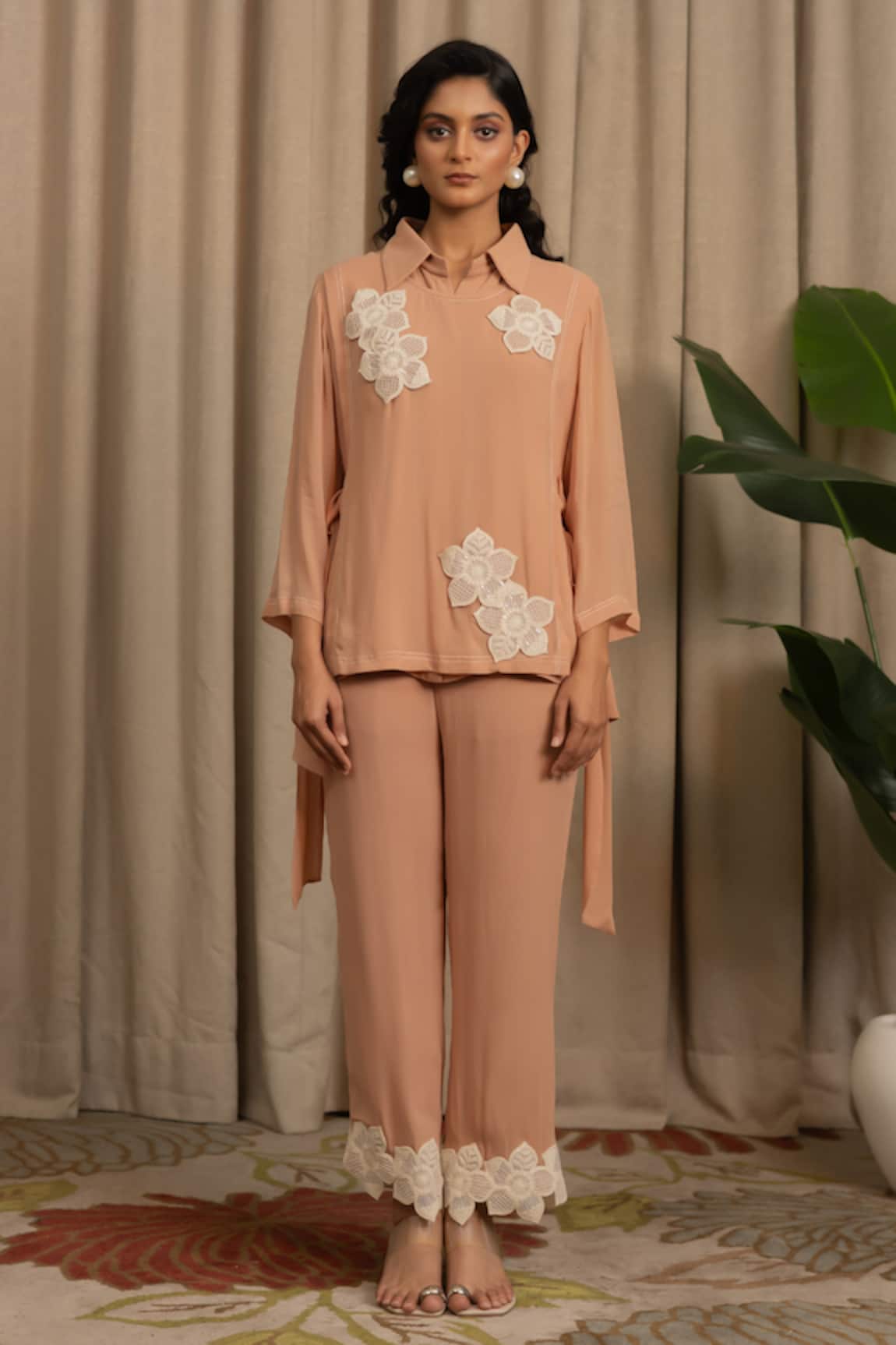 Vanshika Agarwal Label Lancet Georgette Floral Applique Shirt & Pant Set 