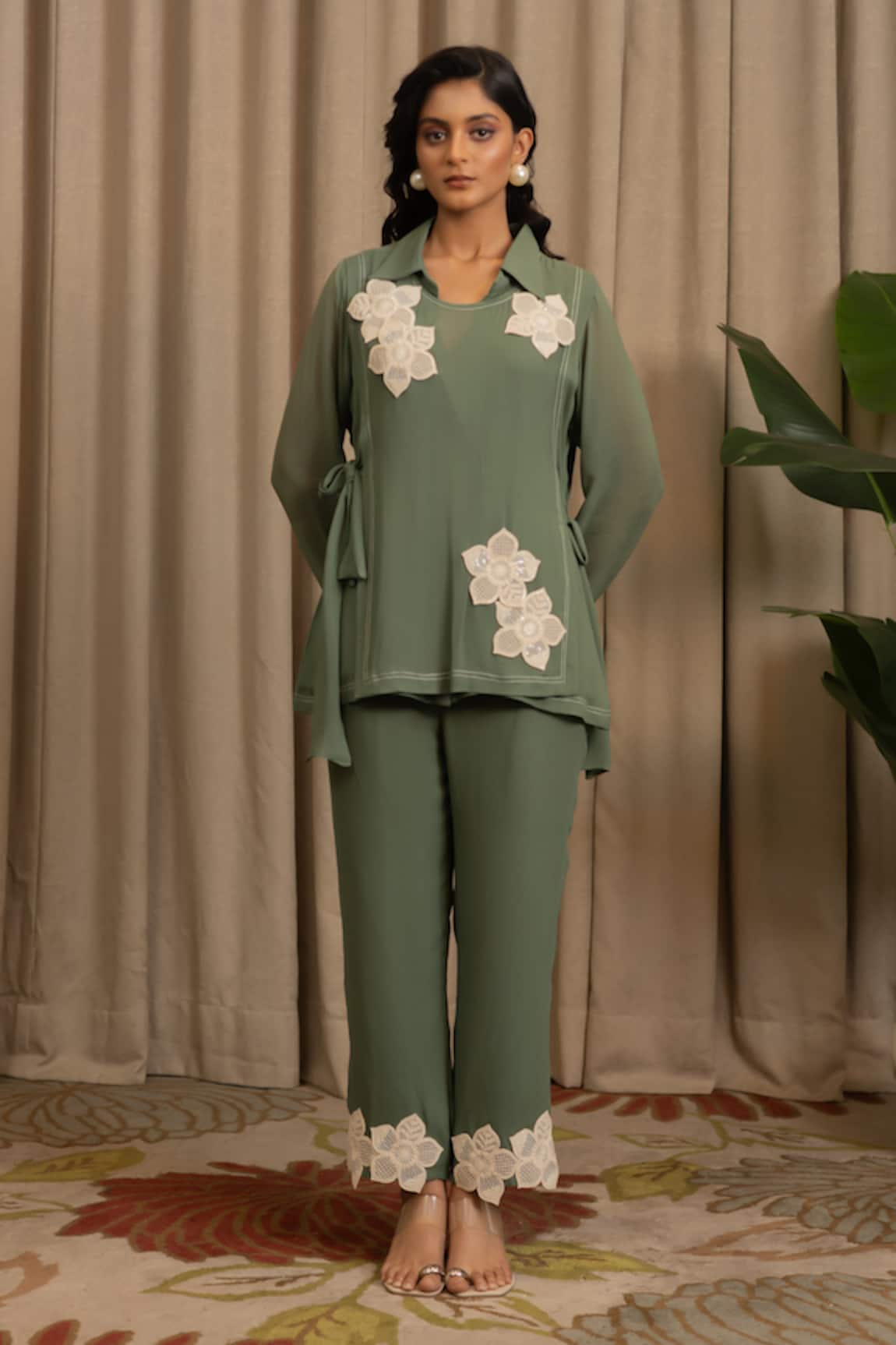 Vanshika Agarwal Label Lancet Floral Applique Georgette Shirt & Pant Set 