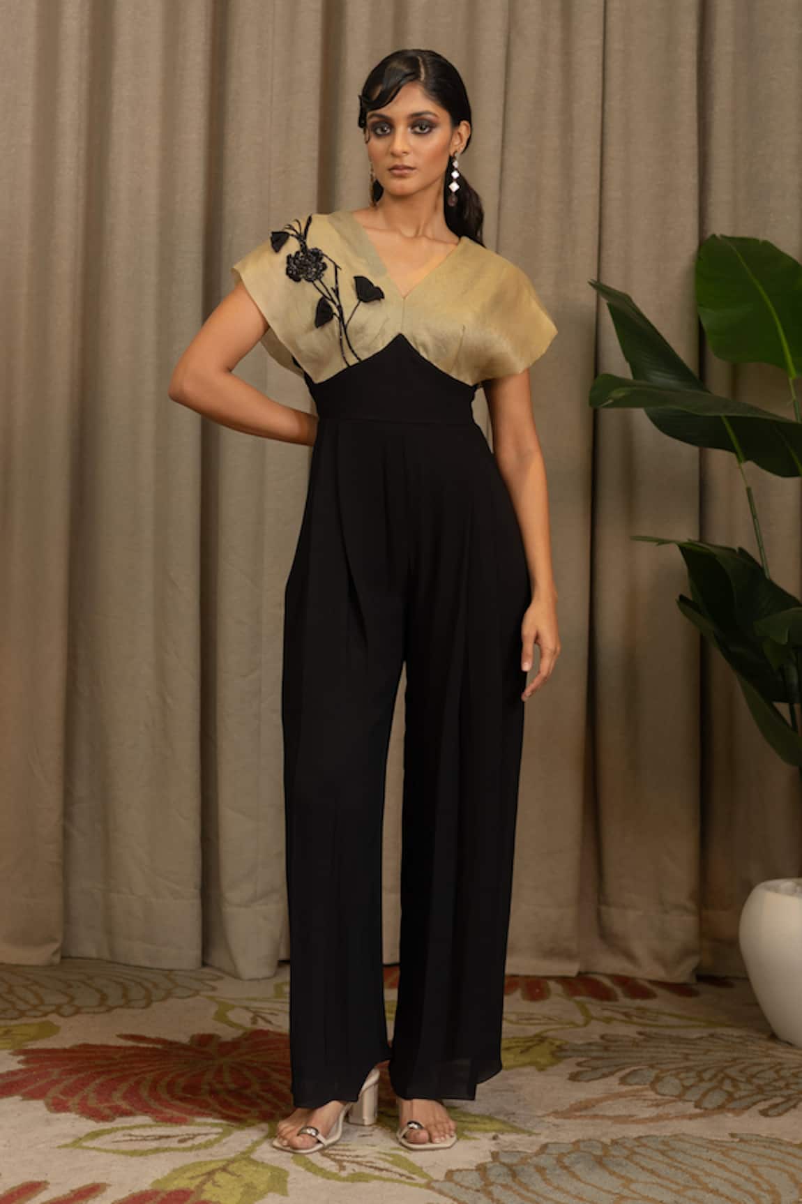Vanshika Agarwal Label Moco Organza & Georgette Jumpsuit With Floral Applique 