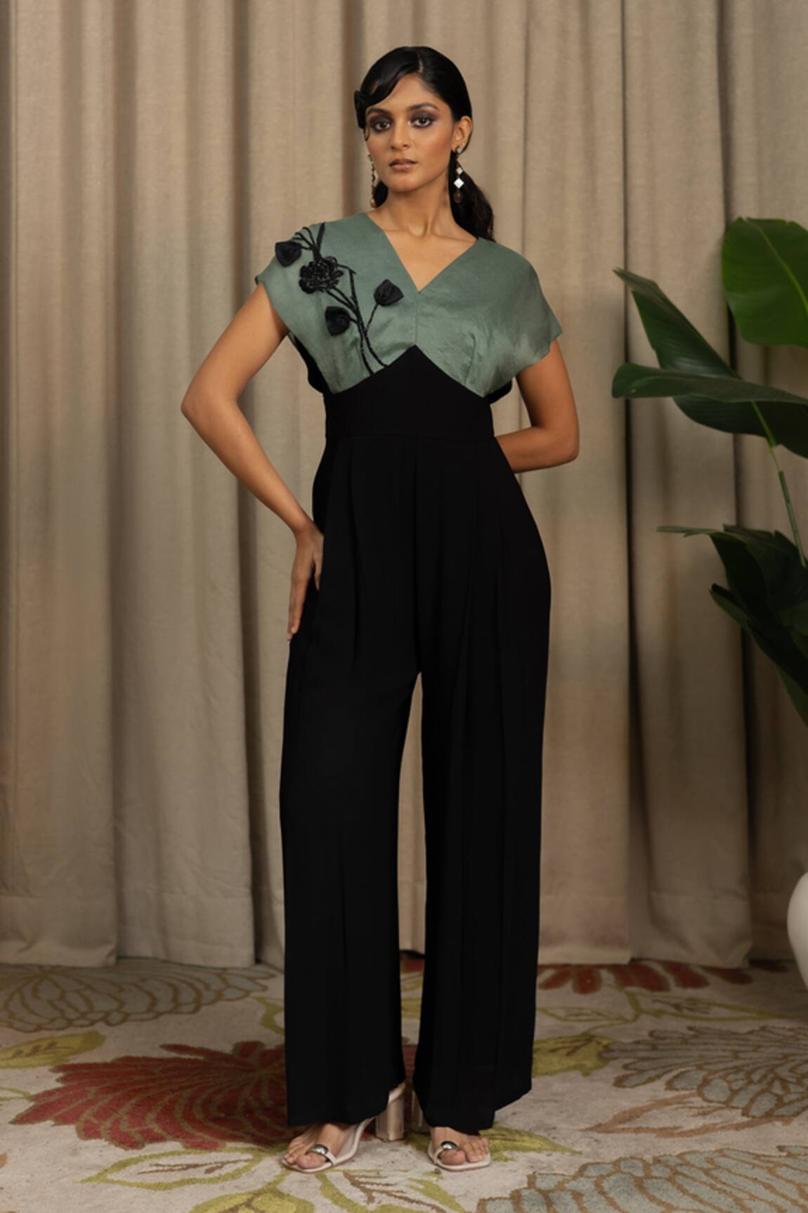 Vanshika Agarwal Label Moco Organza & Georgette Floral Applique Jumpsuit 