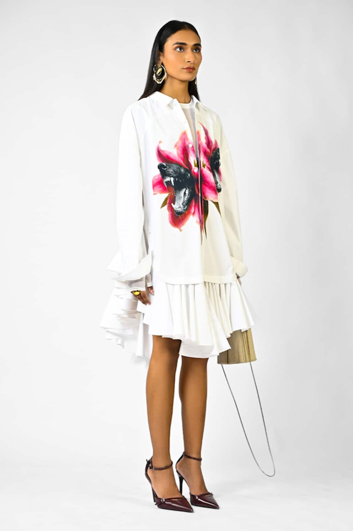 Huemn Fanged Floral Print Ruffle Hem Shirt Dress 