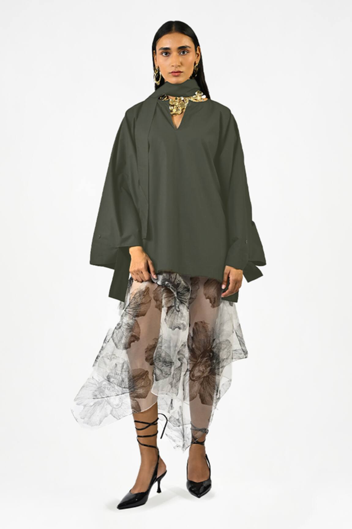 Huemn Dark Green Hybrid Kaftan Kurta 