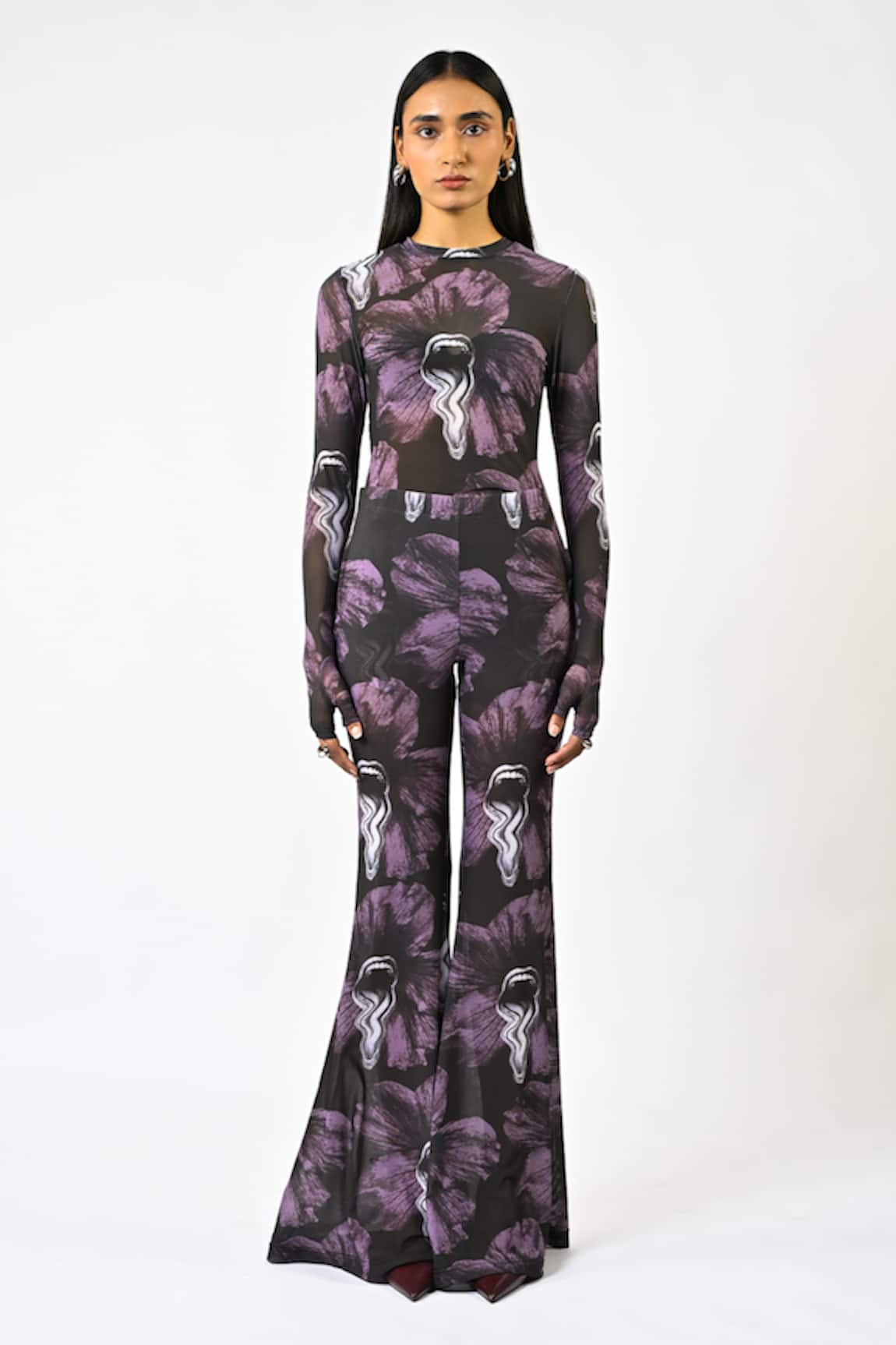 Huemn Sculpted Purple Lycra Printed Bootcut Pant 