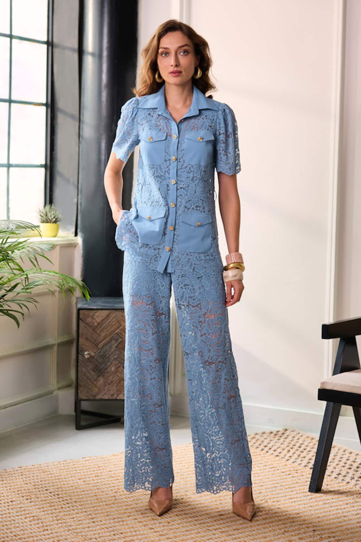 Label Deepika Nagpal Wren Embroidered Lace Mesh Shirt & Pant Set