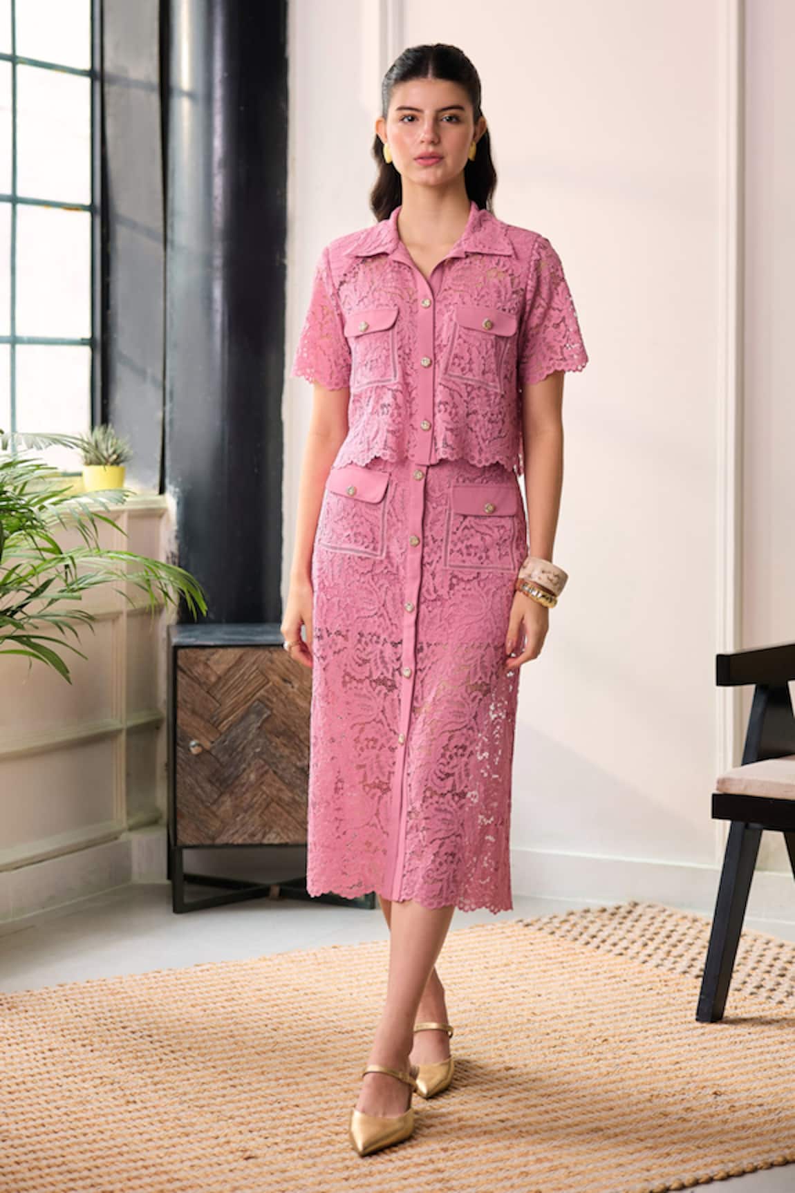 Label Deepika Nagpal Naya Lace Mesh Cropped Shirt & Midi Skirt Set