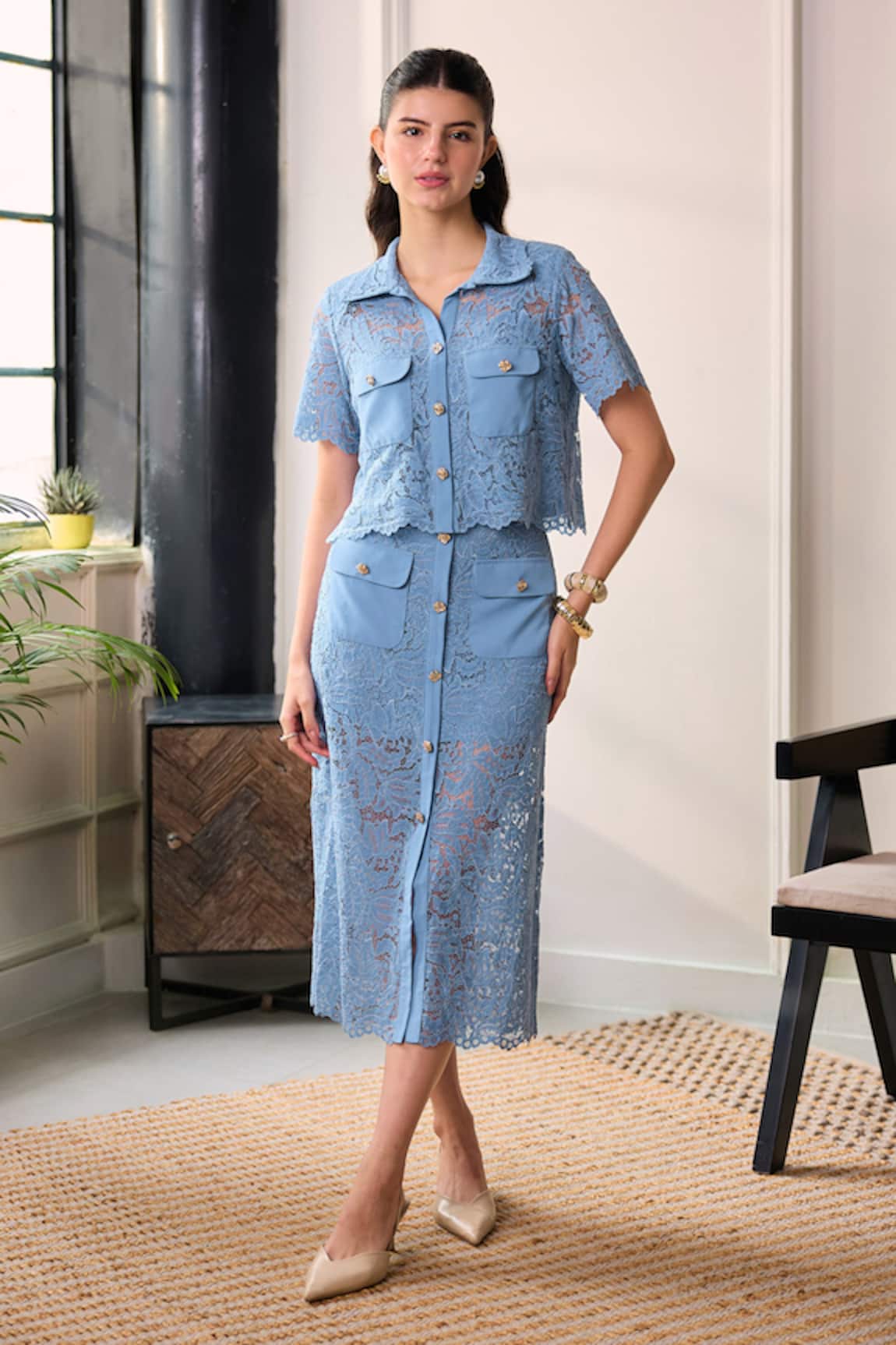 Label Deepika Nagpal Naya Lace Mesh Cropped Shirt & Midi Skirt Set