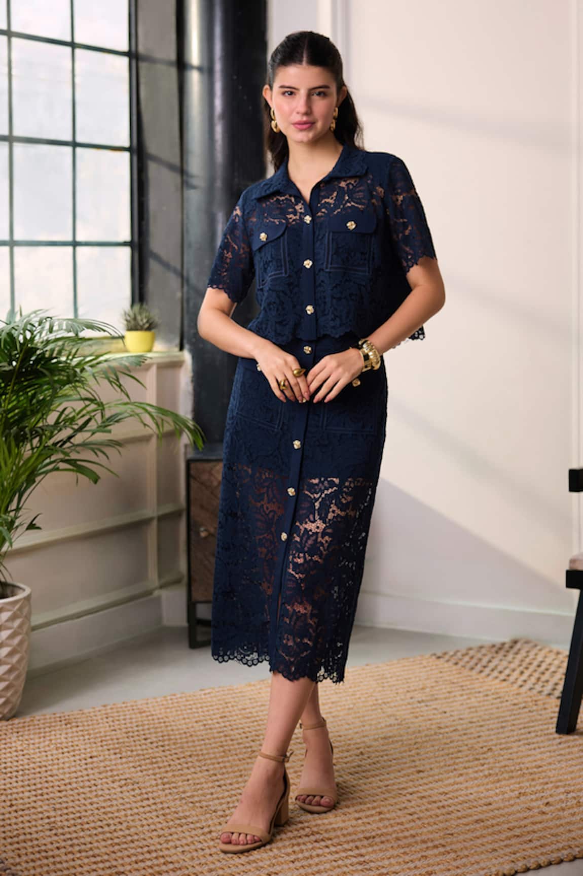 Label Deepika Nagpal Naya Lace Mesh Cropped Shirt & Midi Skirt Set