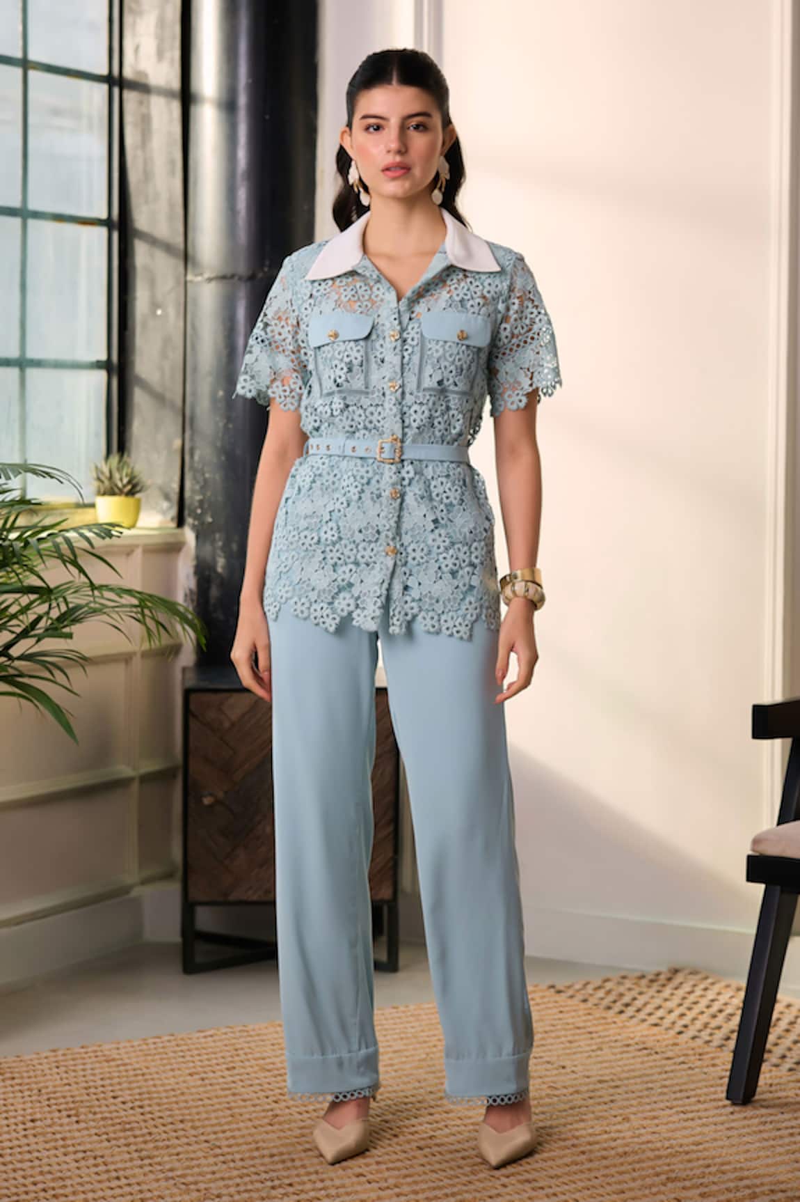 Label Deepika Nagpal Artemis Embroidered Mesh Shirt & Pant Set
