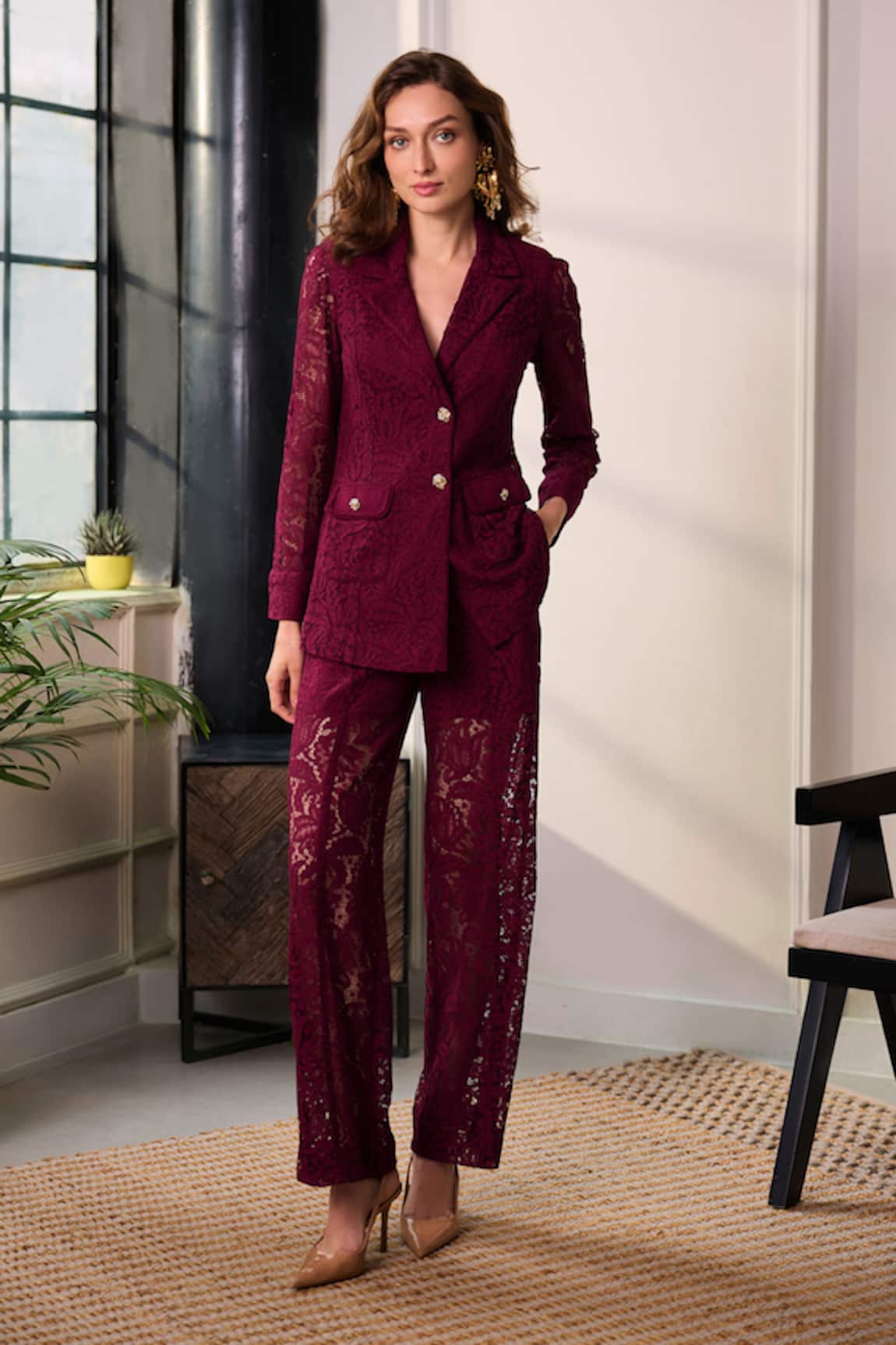 Label Deepika Nagpal Lydia Lace Mesh Blazer & Pant Set