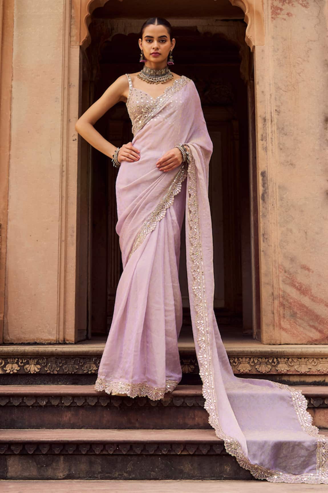 Lashkaraa Embroidered Pre-Draped Saree & Blouse Set 