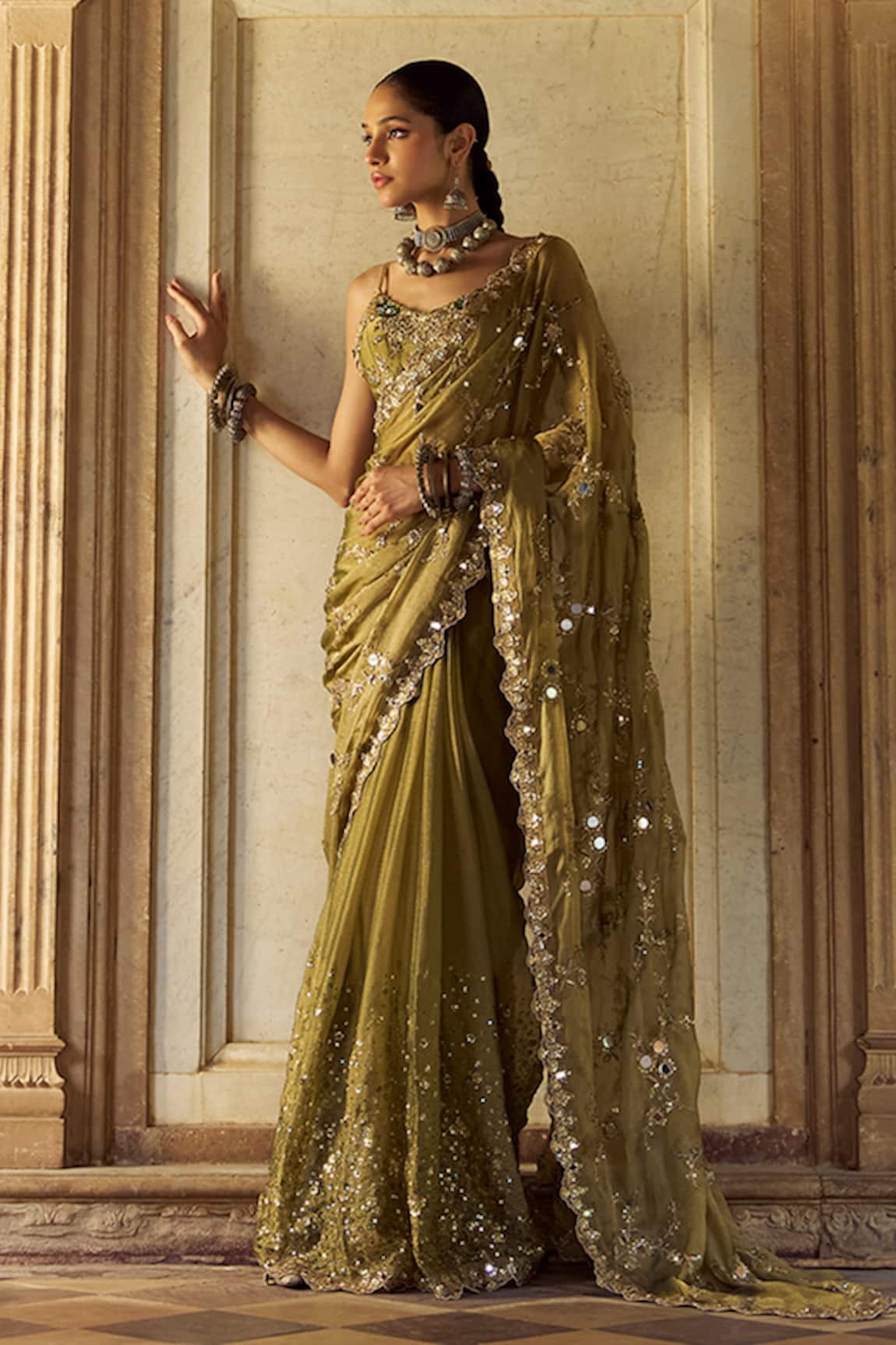 Lashkaraa Embroidered Tissue Pre-Draped Saree & Blouse 