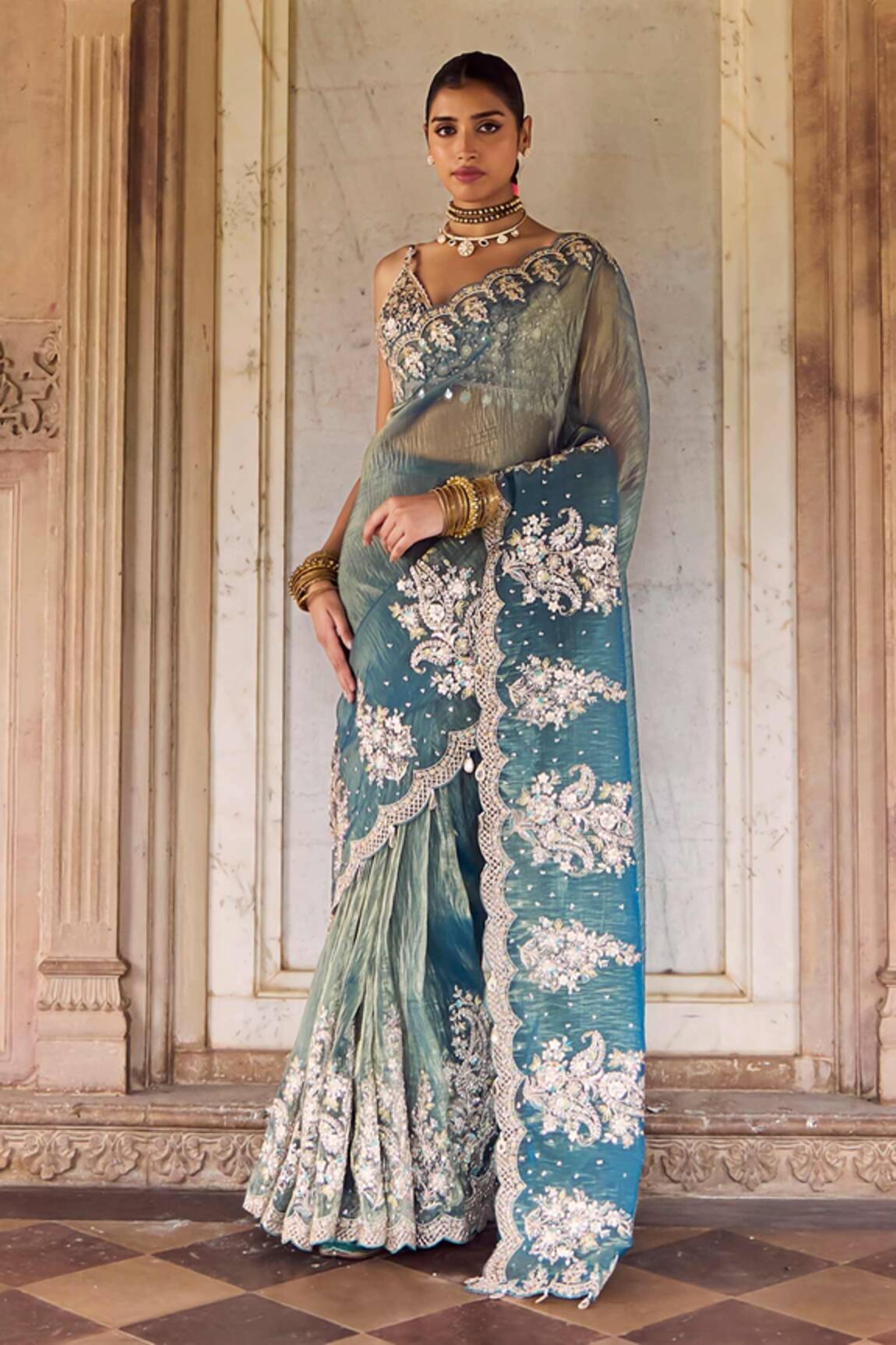 Lashkaraa Embroidered Pre-Draped Saree & Blouse 