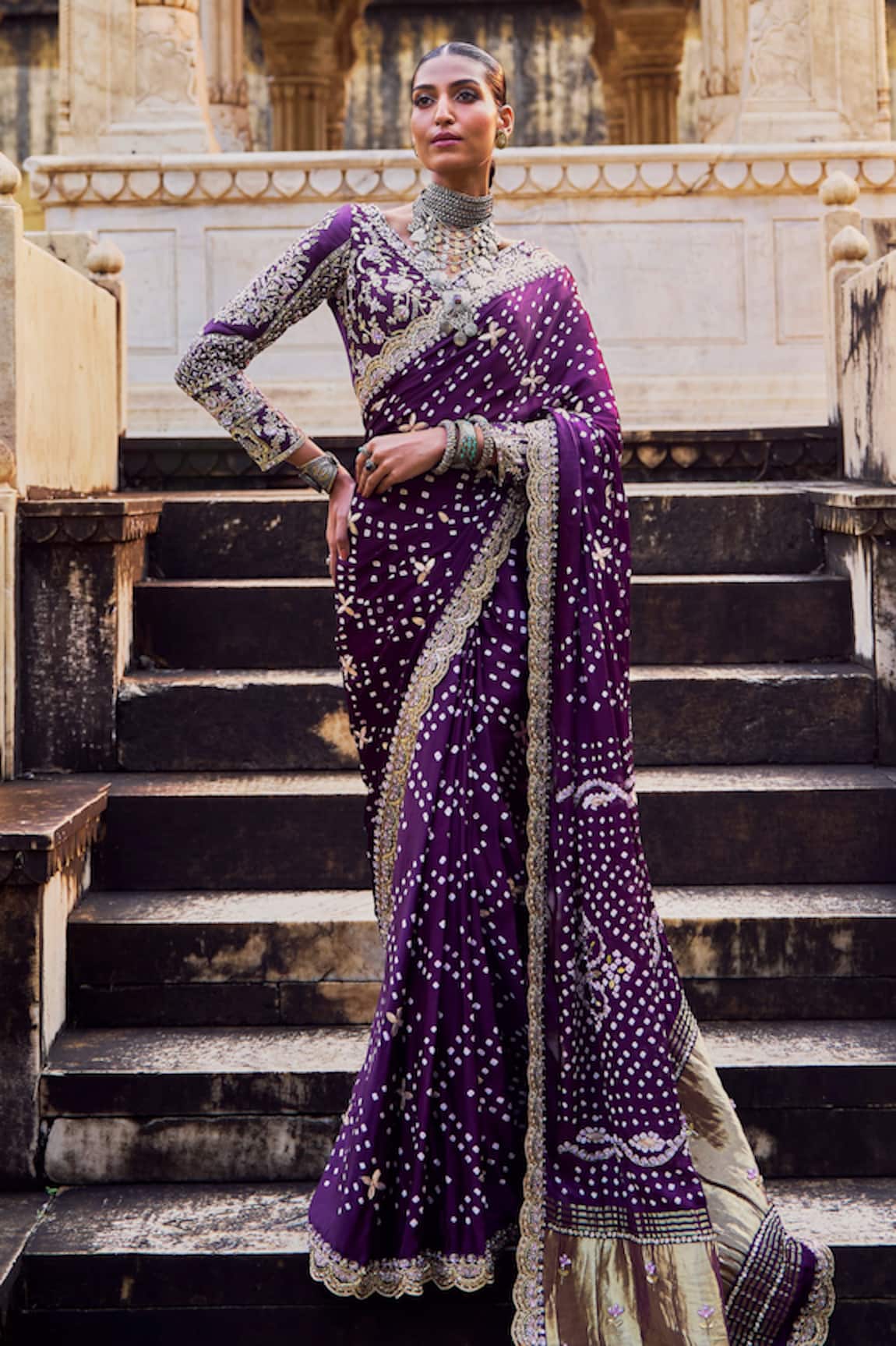 Lashkaraa Embroidered Bandhani Pre-Draped Saree & Blouse 
