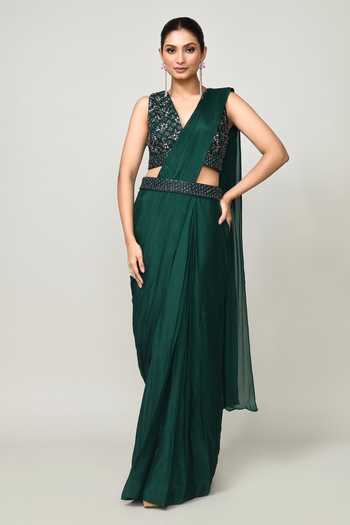 SAYISHA Pre-Draped Saree With V Neck Blouse 