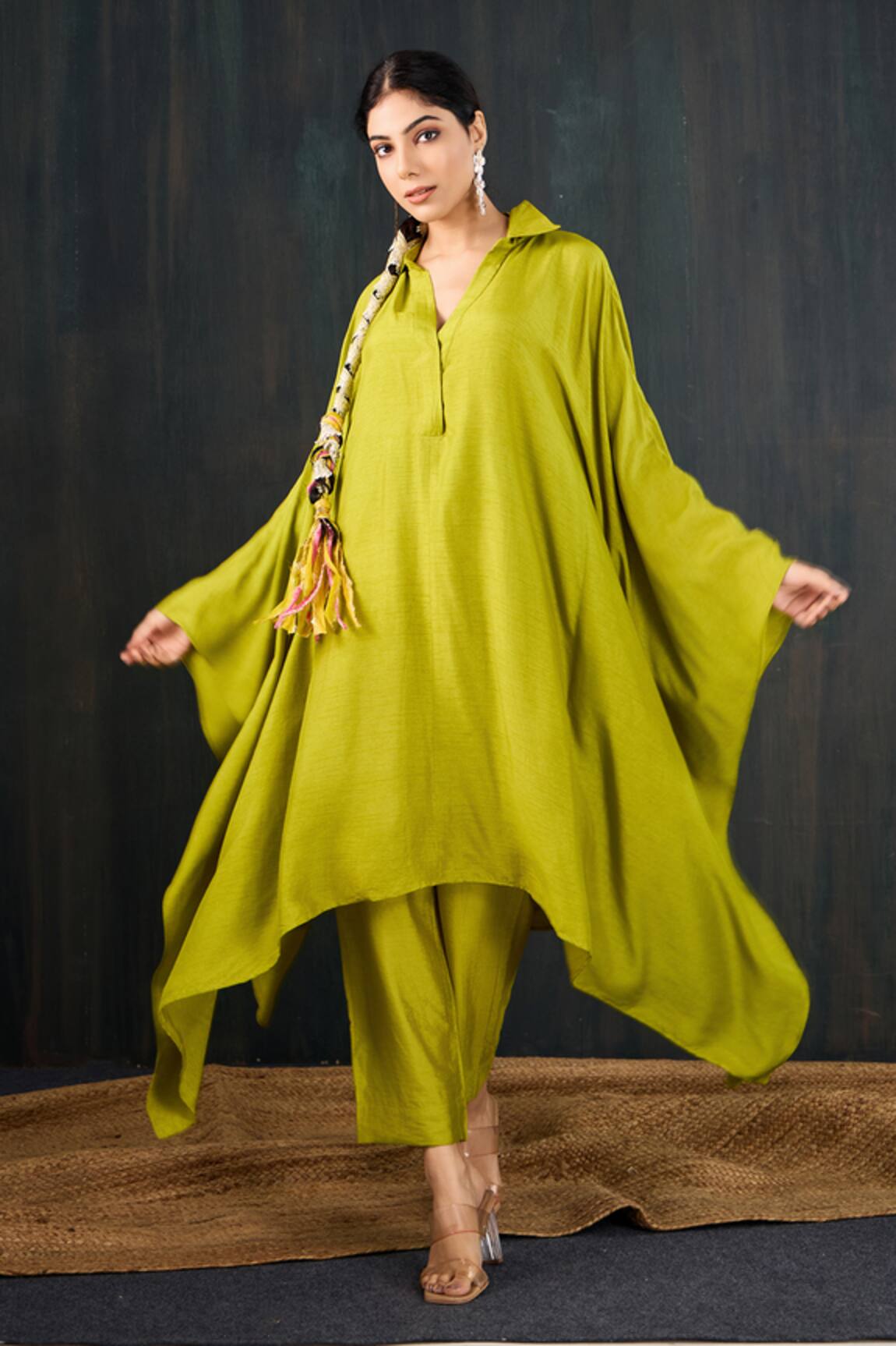Tuli Basanti Dola Silk Kaftan Kurta & Cotton Silk Pant Set 