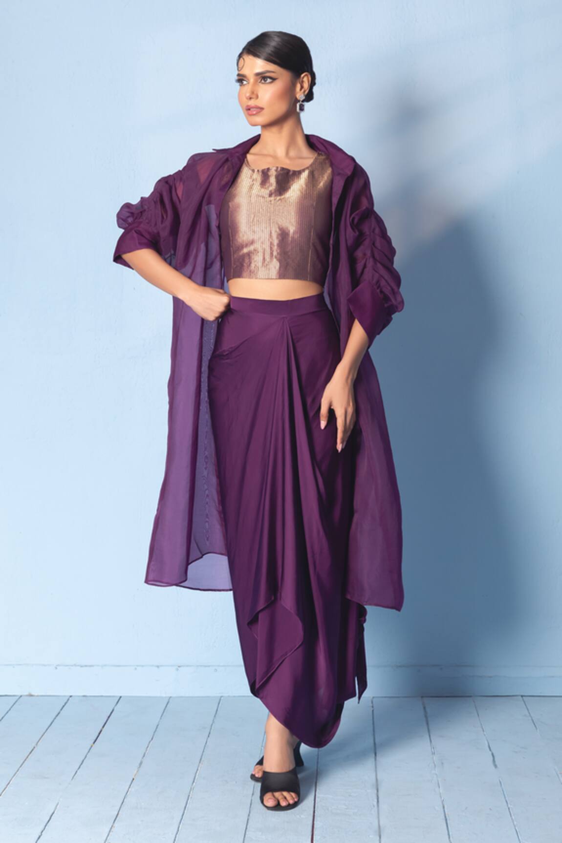 Vishwa By Pinki Sinha Brocade Corset Top, Drape Skirt & Organza Jacket 