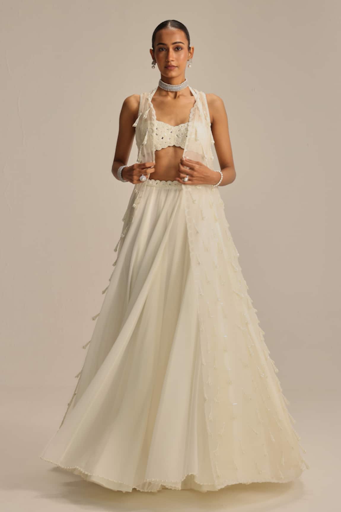 Vvani By Vani Vats Pearl & Mirror Work Jacket Skirt Set