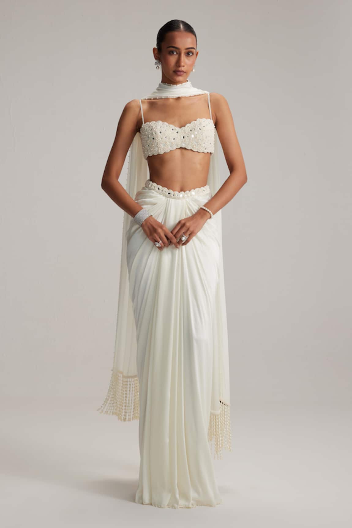 Vvani By Vani Vats Off White Satin Draped Skirt Set