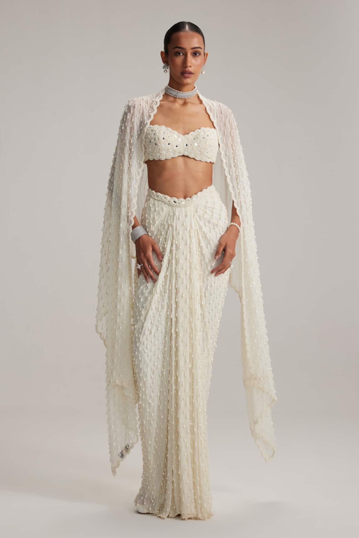 Vvani By Vani Vats Pearl White Dense Drop Draped Skirt set