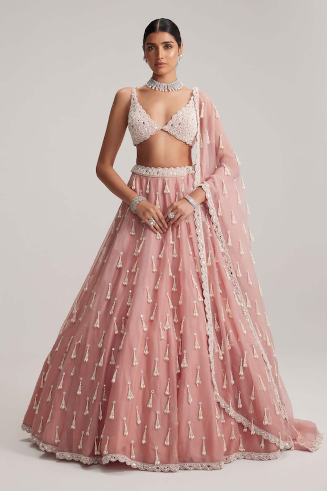 Vvani By Vani Vats Dusty Rose Long Pearl Tassels Lehenga Set