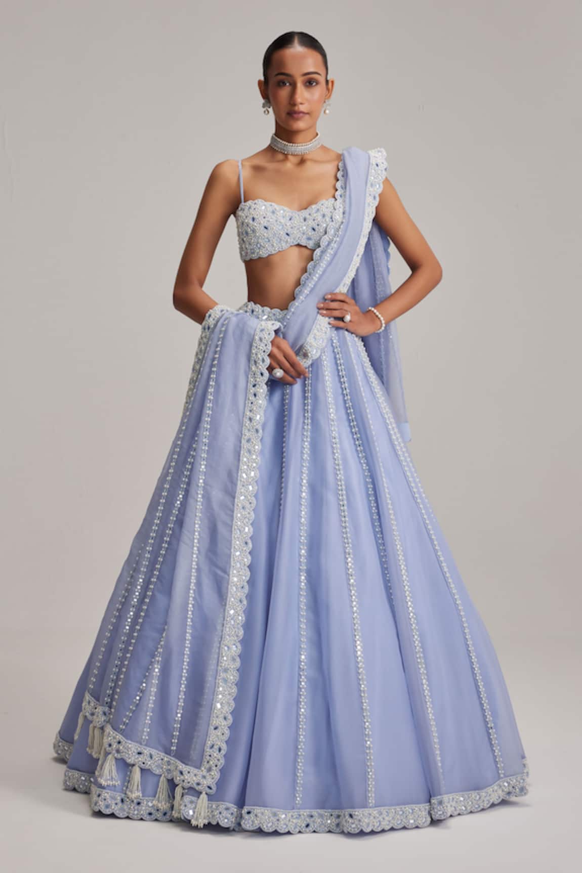 Vvani By Vani Vats Dew Blue Linear Mirror Organza Lehenga Set