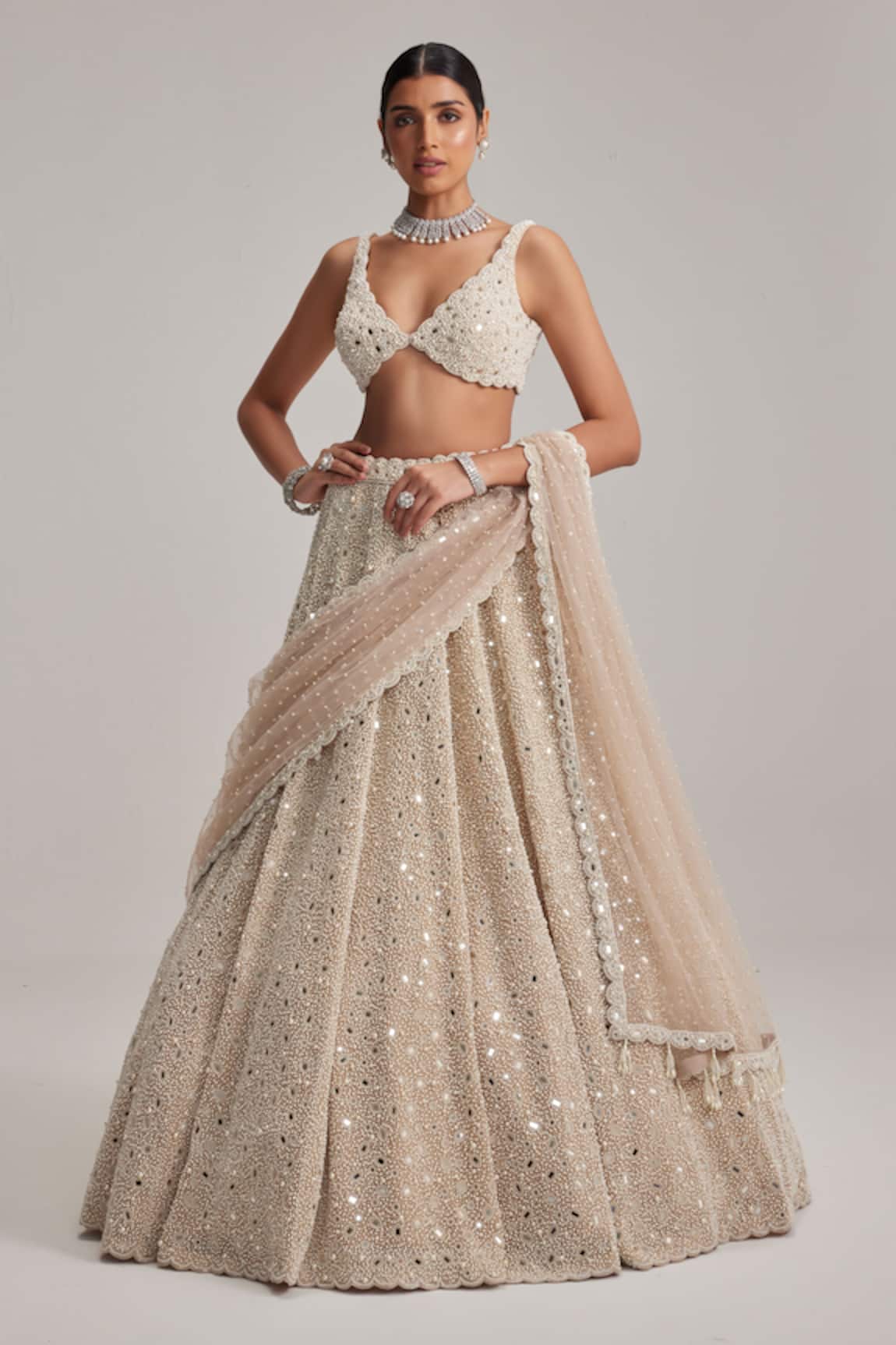 Vvani By Vani Vats Dense Mirror & Pearl Work Lehenga Set