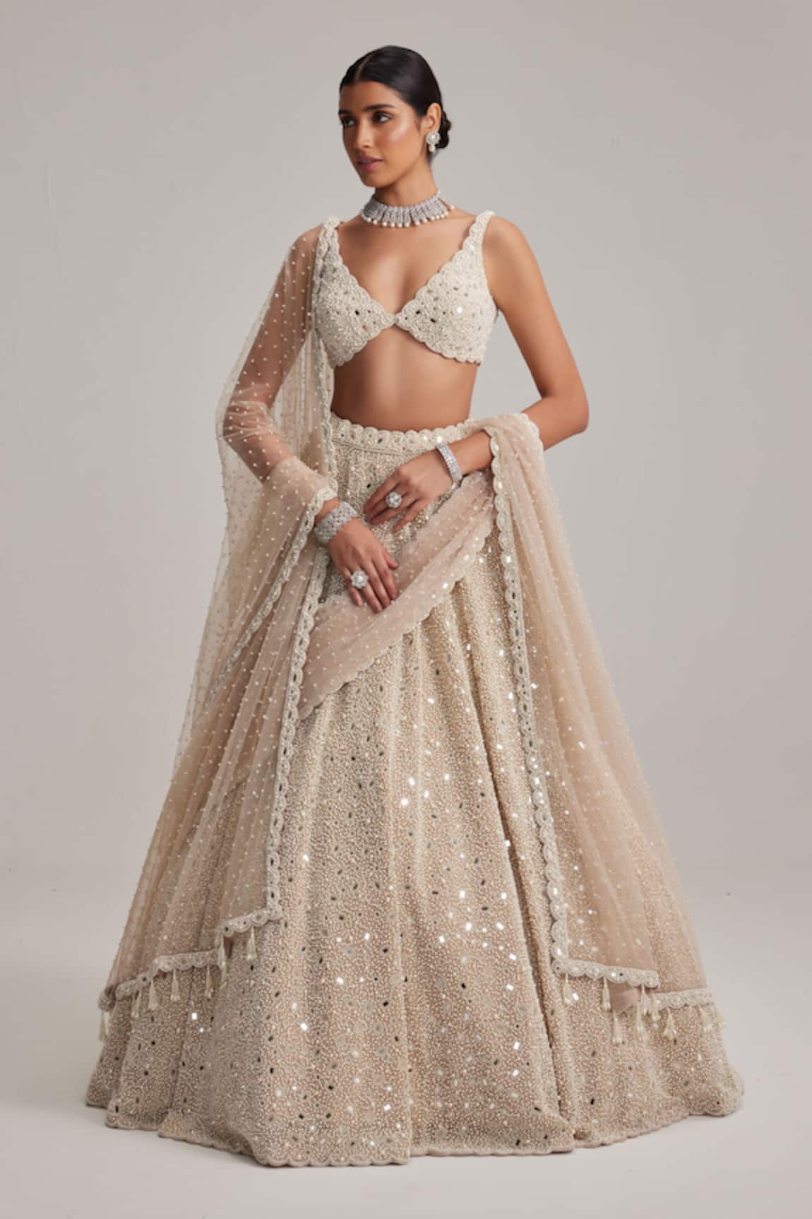 Vvani By Vani Vats Dense Mirror & Pearl Work Bridal Lehenga Set