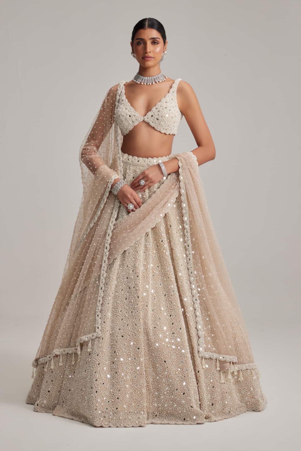 Vvani By Vani Vats Mirror & Pearl Work Bridal Lehenga Set With Veil