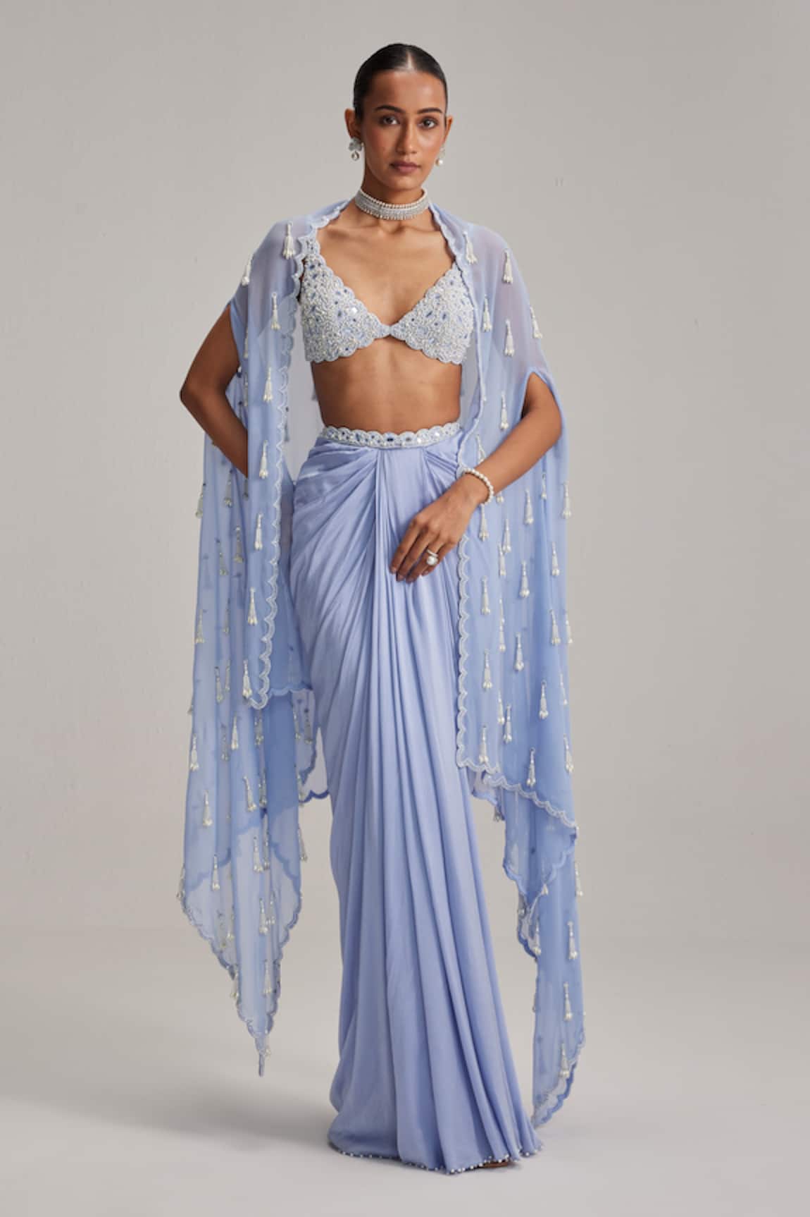 Vvani By Vani Vats Dew Blue Cape & Draped Skirt Set
