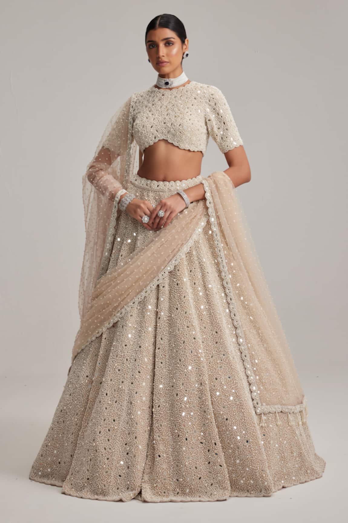 Vvani By Vani Vats Mirror & Pearl Work Bridal Lehenga Set With Veil