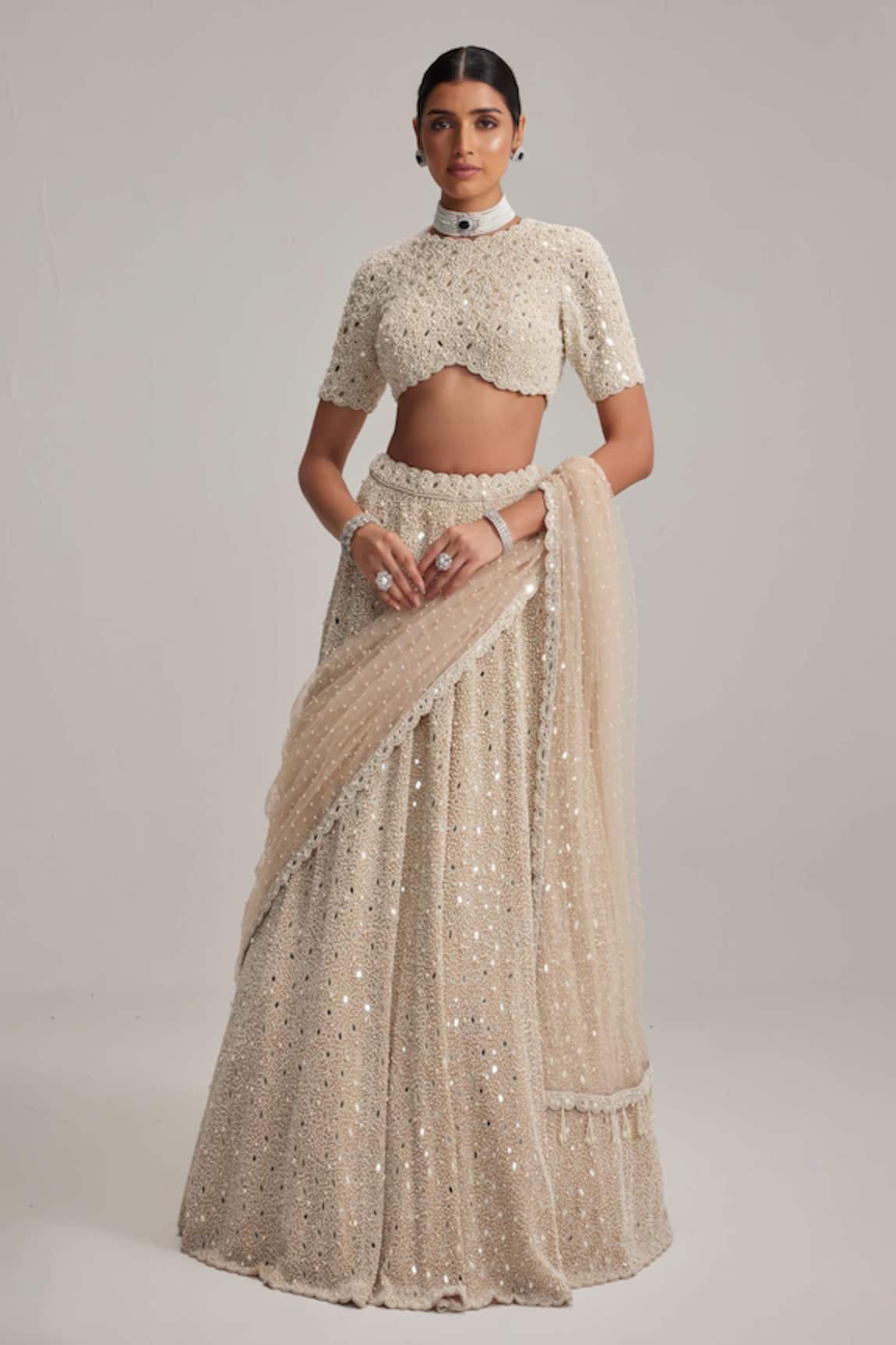 Vvani By Vani Vats Mirror & Pearl Work Bridal Lehenga Set