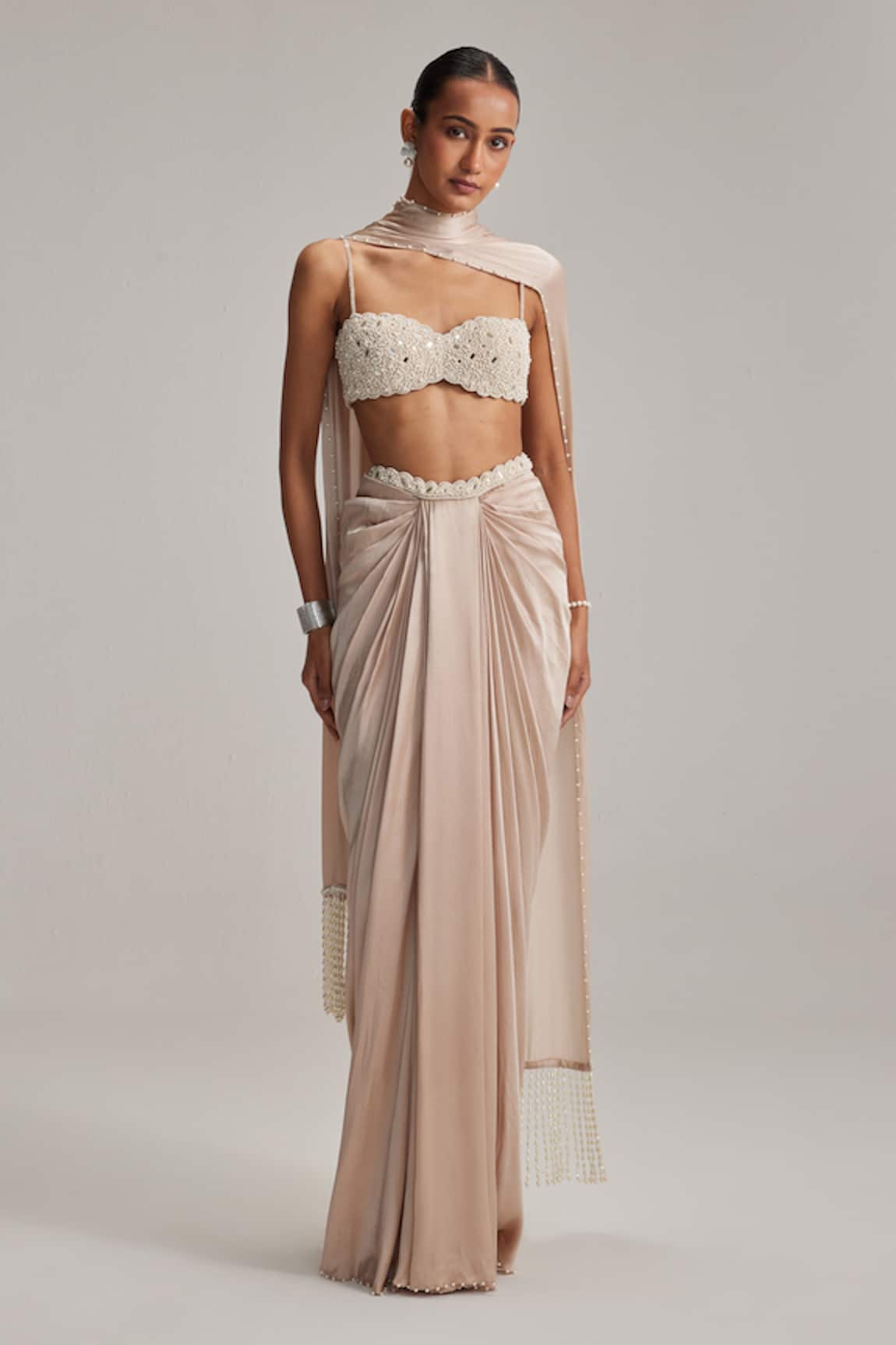 Vvani By Vani Vats Light Beige Satin Draped Skirt Set