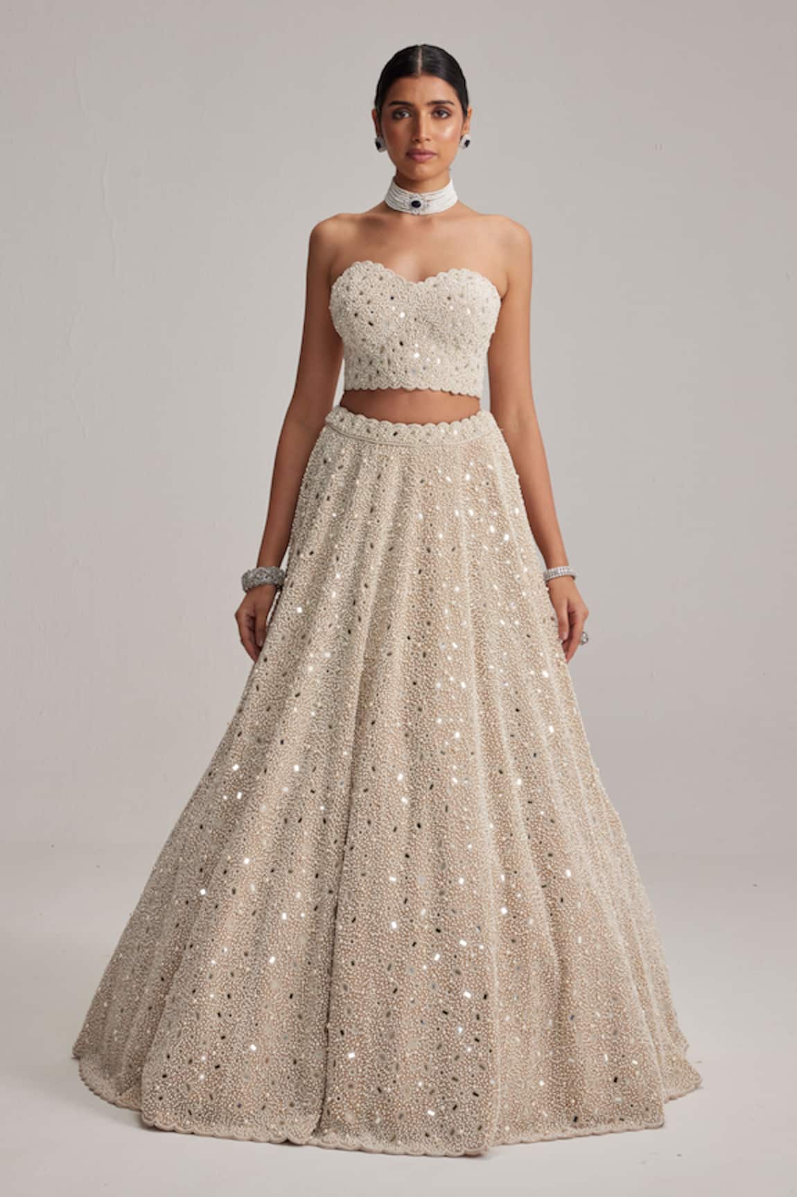 Vvani By Vani Vats Dense Mirror & Pearl Work Corset Lehenga Set