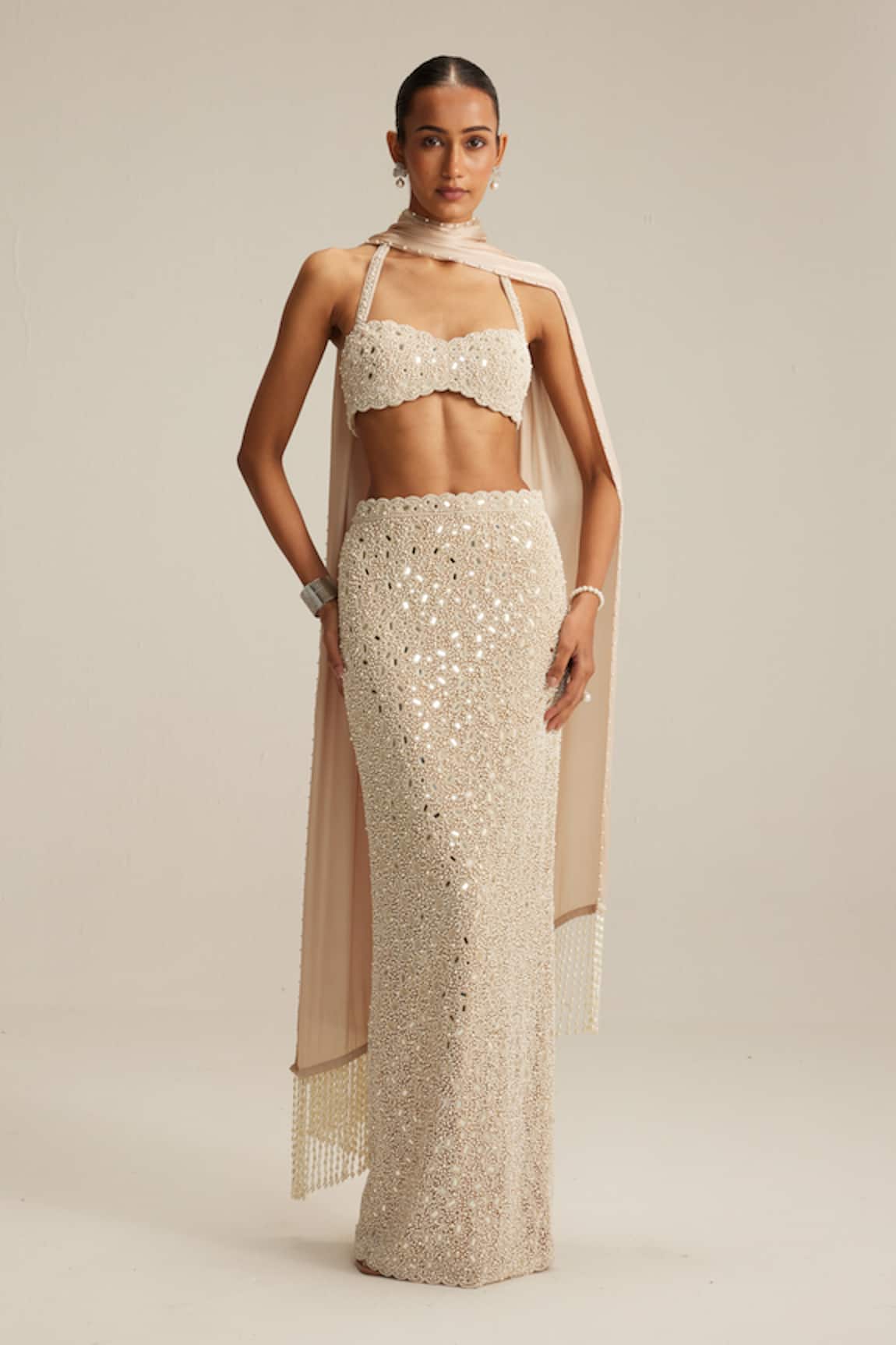 Vvani By Vani Vats Light Beige Mirror Work Pencil Skirt