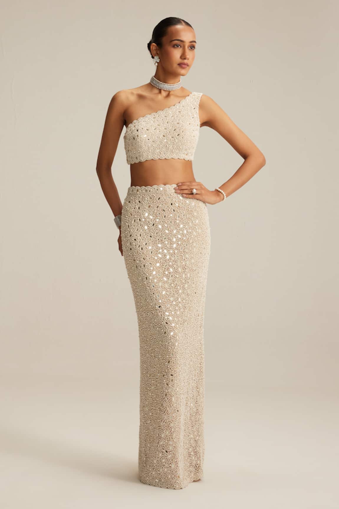 Vvani By Vani Vats One Shoulder Blouse & Pencil Skirt Set