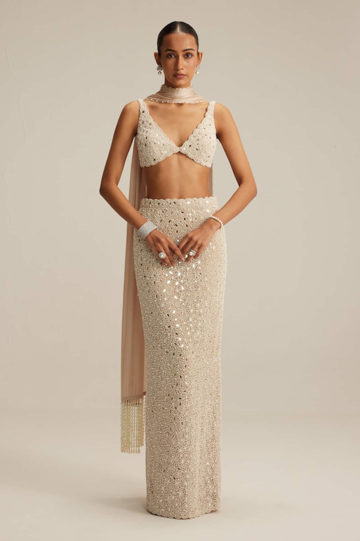 Vvani By Vani Vats Mirror & Pearl Work Pencil Skirt Set