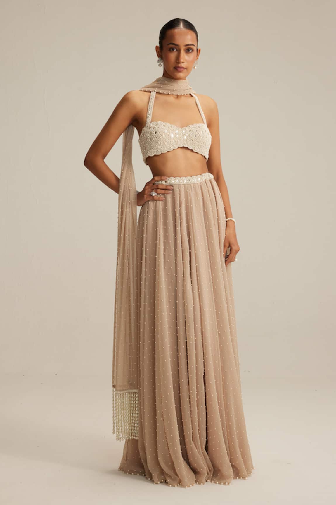 Vvani By Vani Vats Light Beige Skirt Set With Halter Neck Blouse